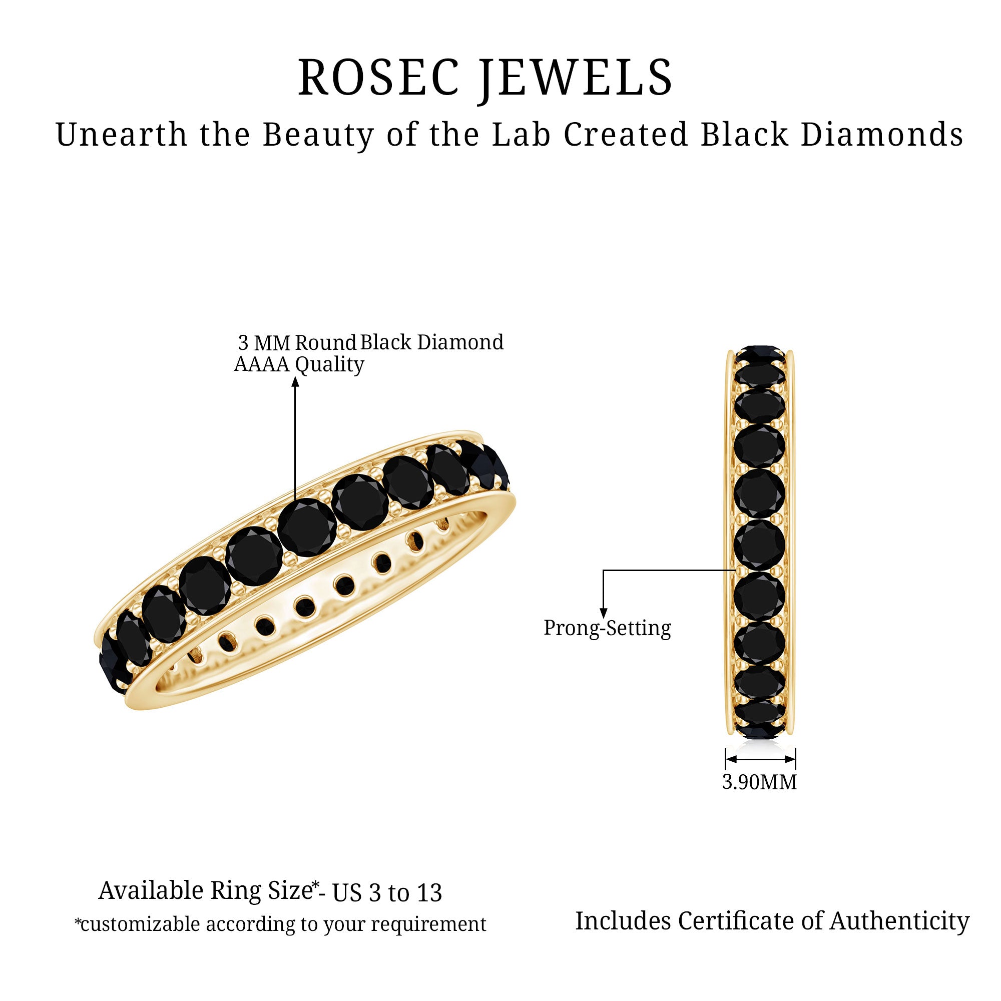 Certified Lab Grown Black Diamond Full Eternity Band Ring for Women AAAA ( Synthetic ) - Rosec Jewels