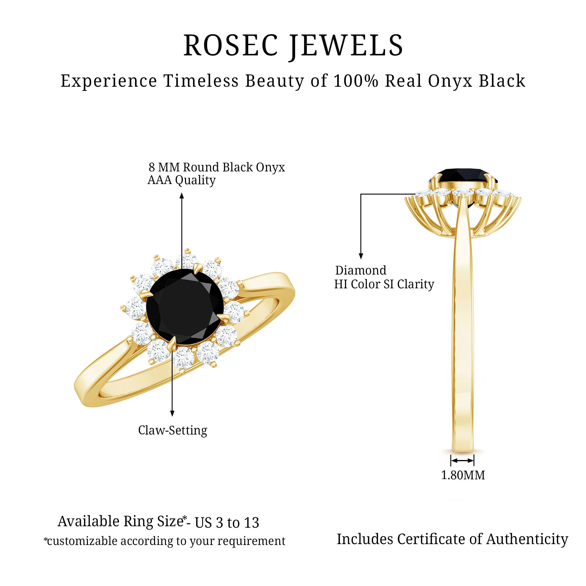 Rosec Jewels-Round Cut Black Onyx and Diamond Engagement Ring For Women
