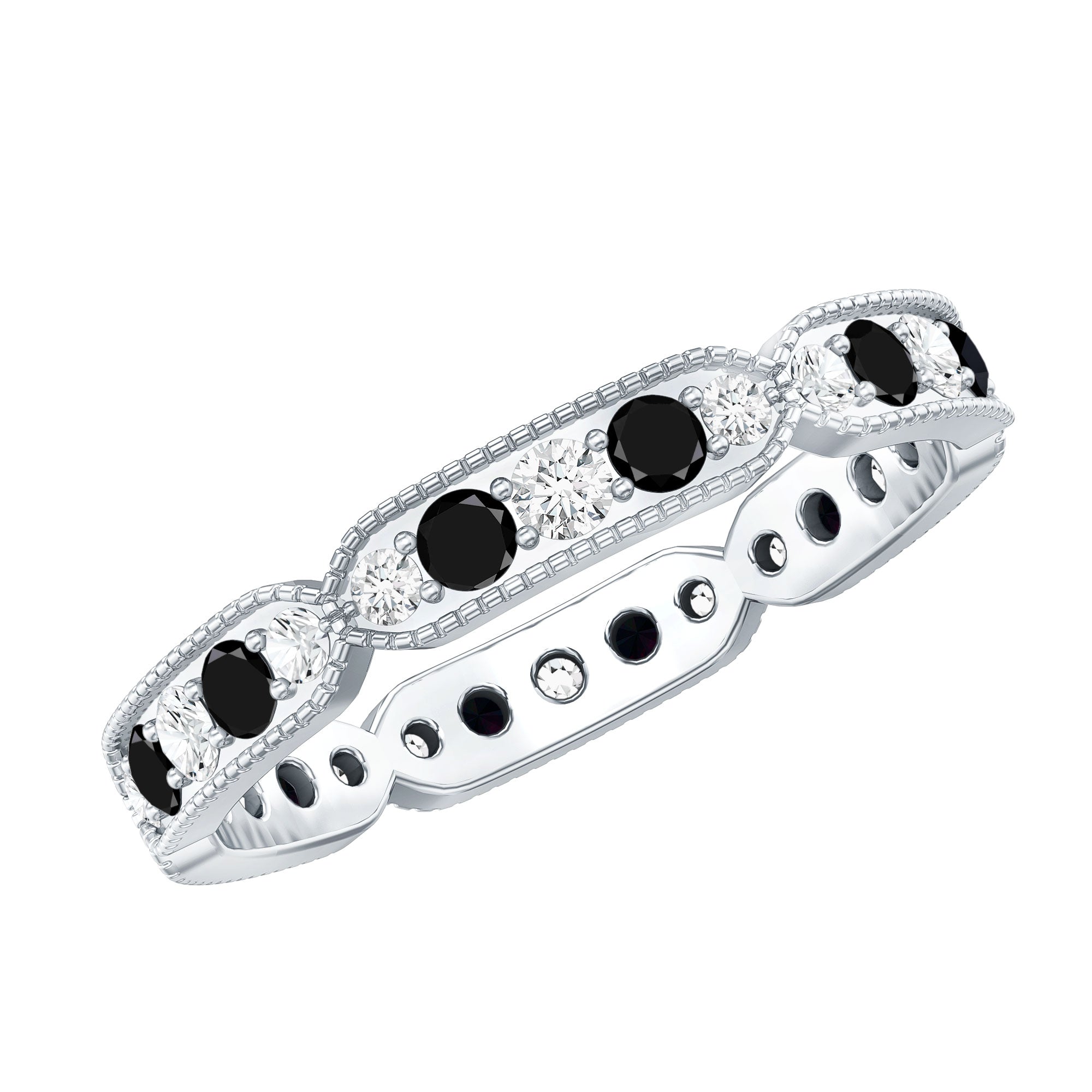 Classic Black Onyx and Diamond Eternity Band Ring AAA - Rosec Jewels