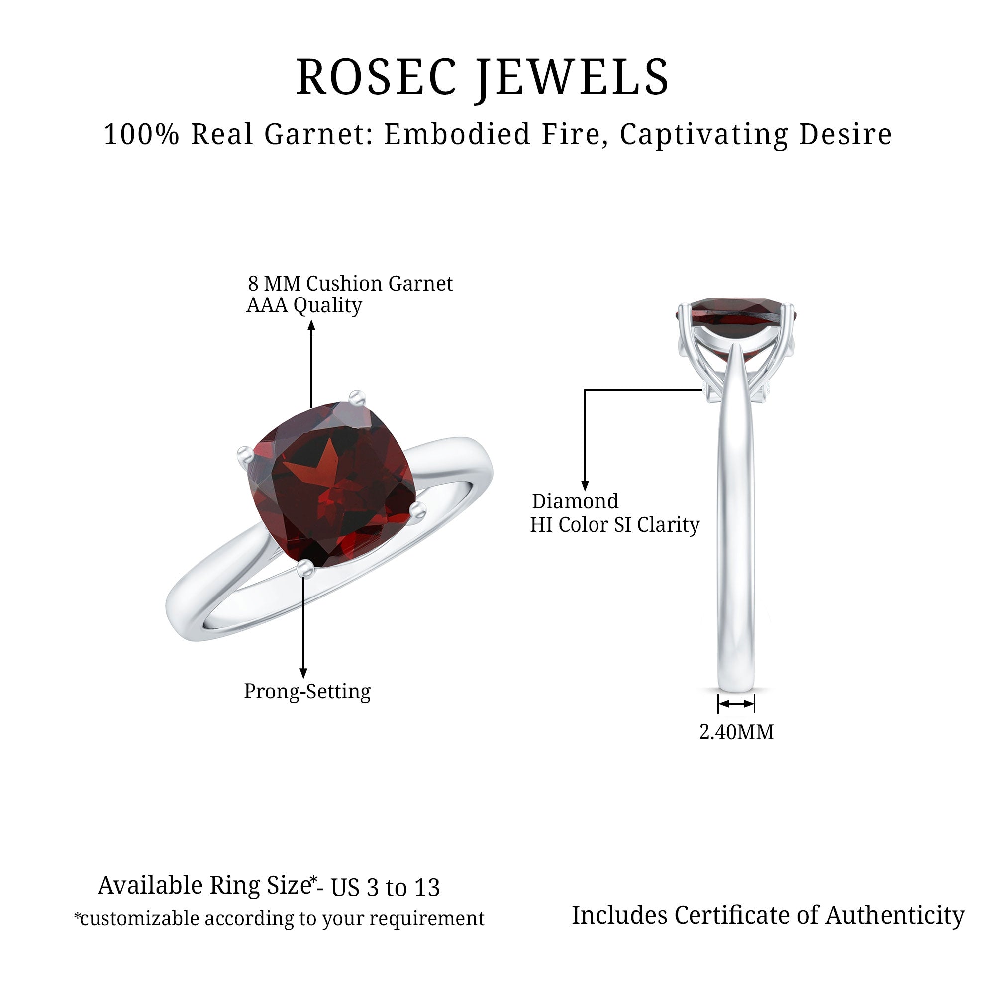 Natural 8mm Garnet Cushion Cut Engagement Ring with Surprise Diamond AAA - Rosec Jewels