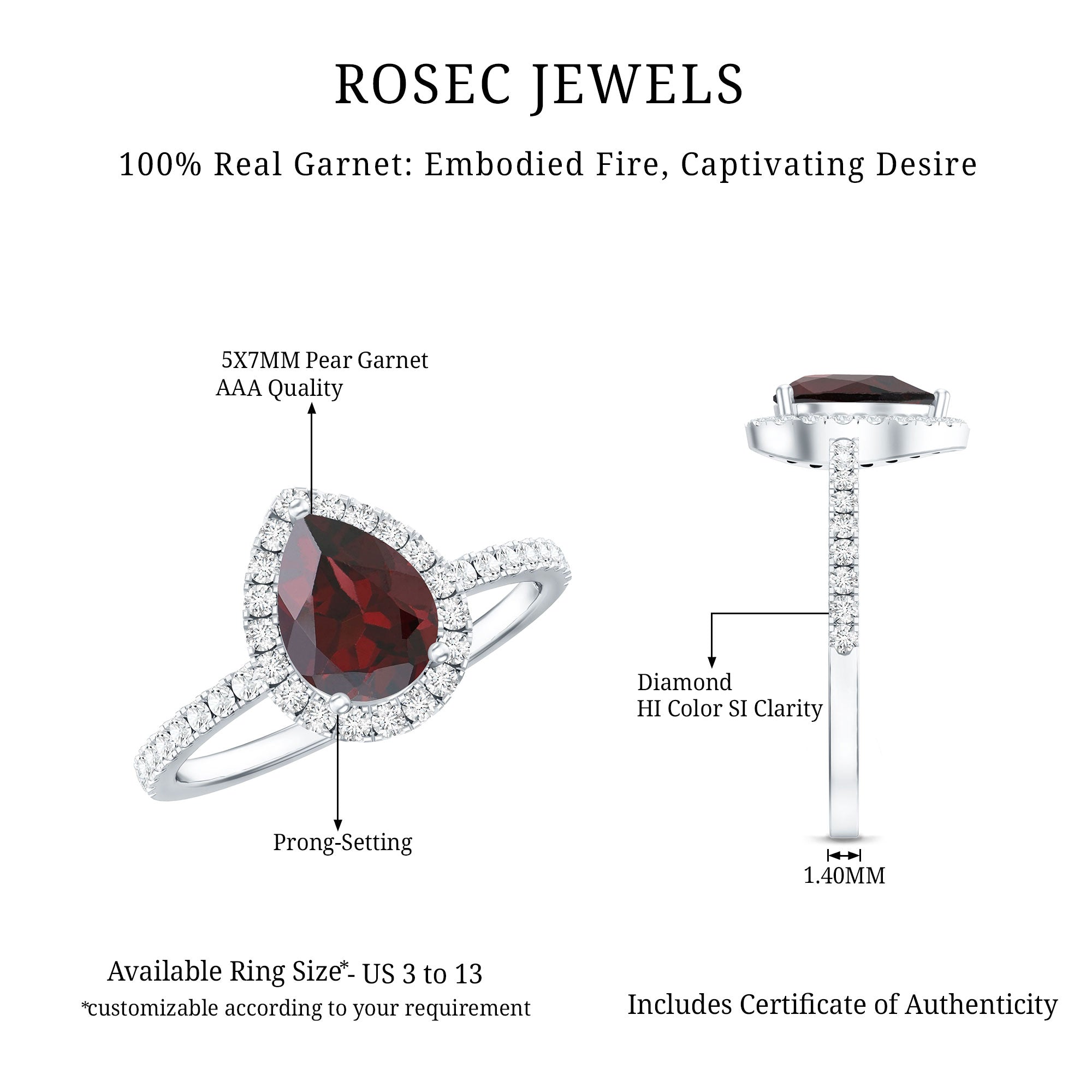 Genuine 5X7mm Garnet Pear Shaped Engagement Ring with Diamond Halo AAA - Rosec Jewels