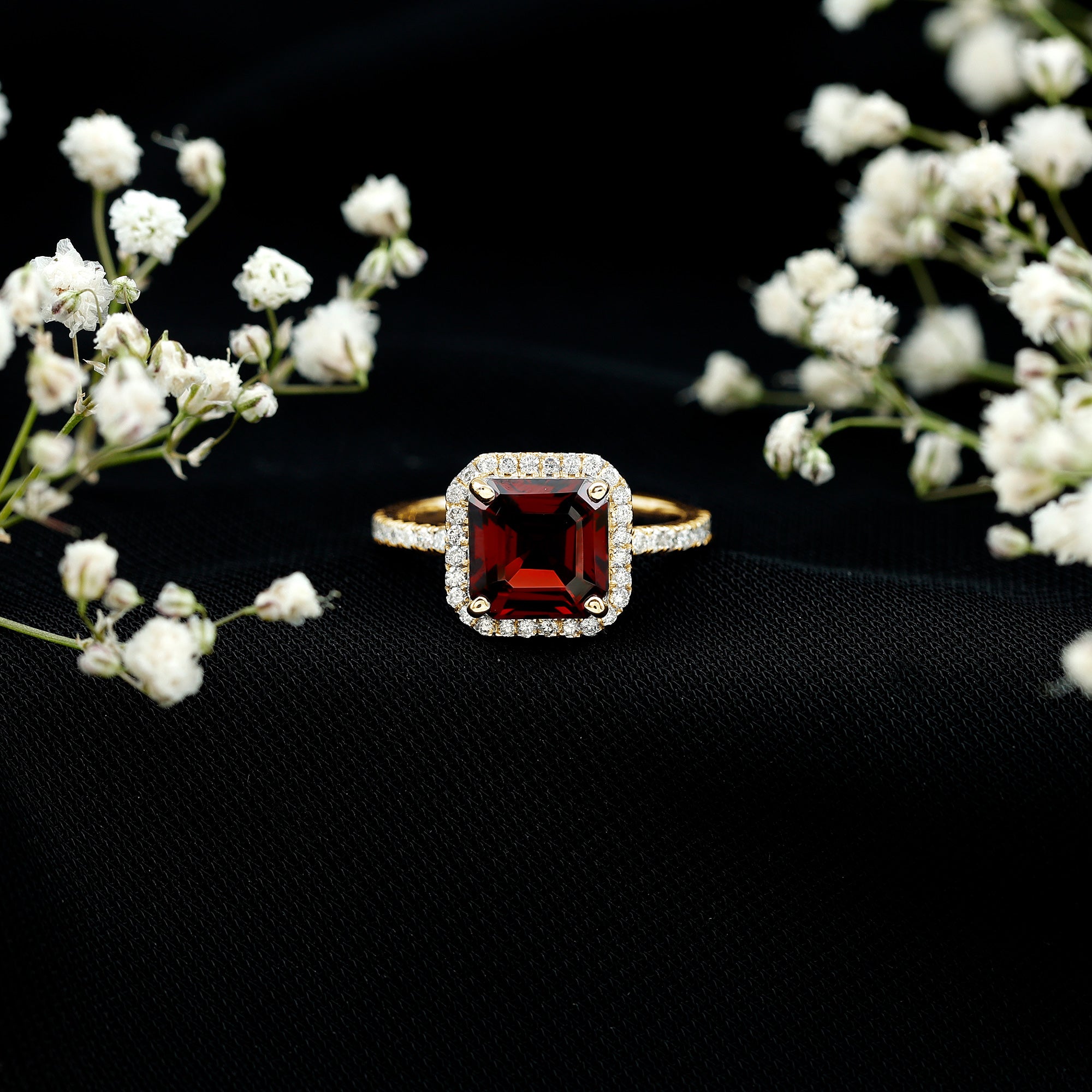 Natural 3.3 Carat Garnet Asscher Cut Engagement Ring with Diamond Halo AAA - Rosec Jewels