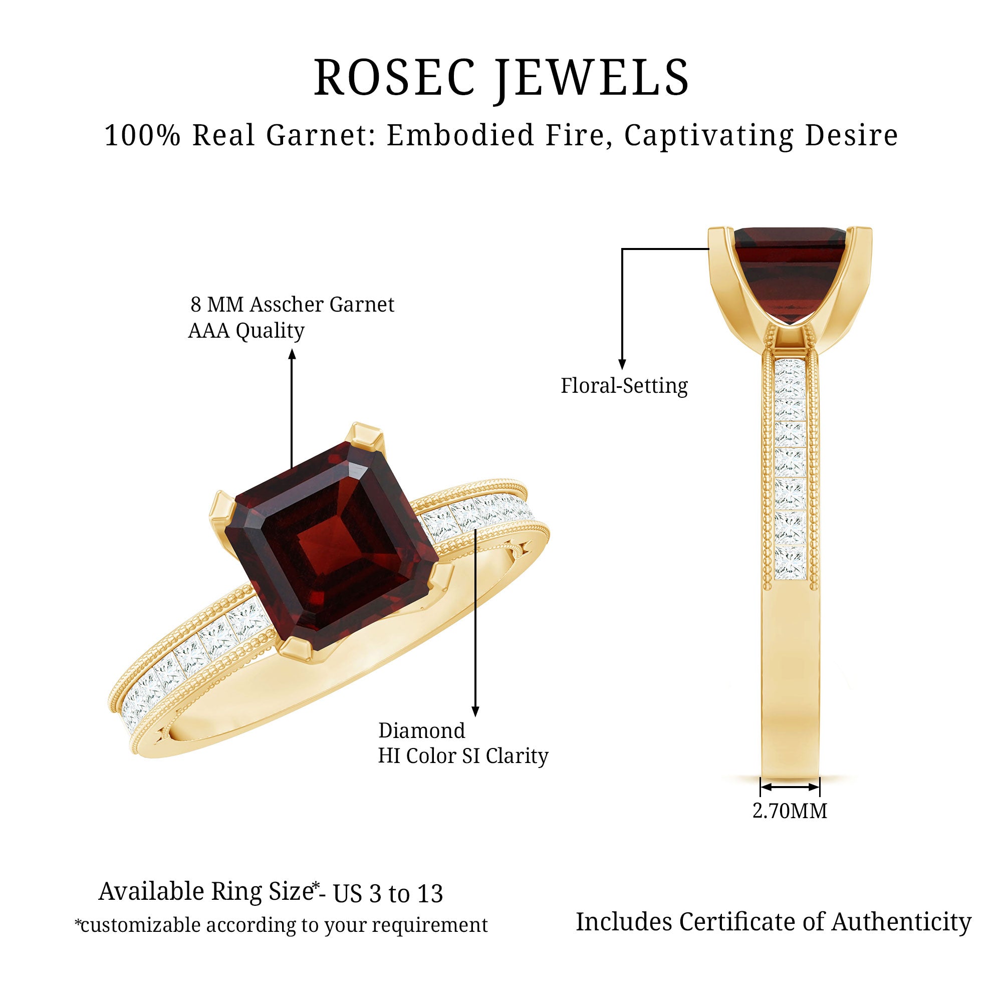 Natural 8mm Asscher Cut Garnet Engagement Ring with Diamond Side Stones AAA - Rosec Jewels