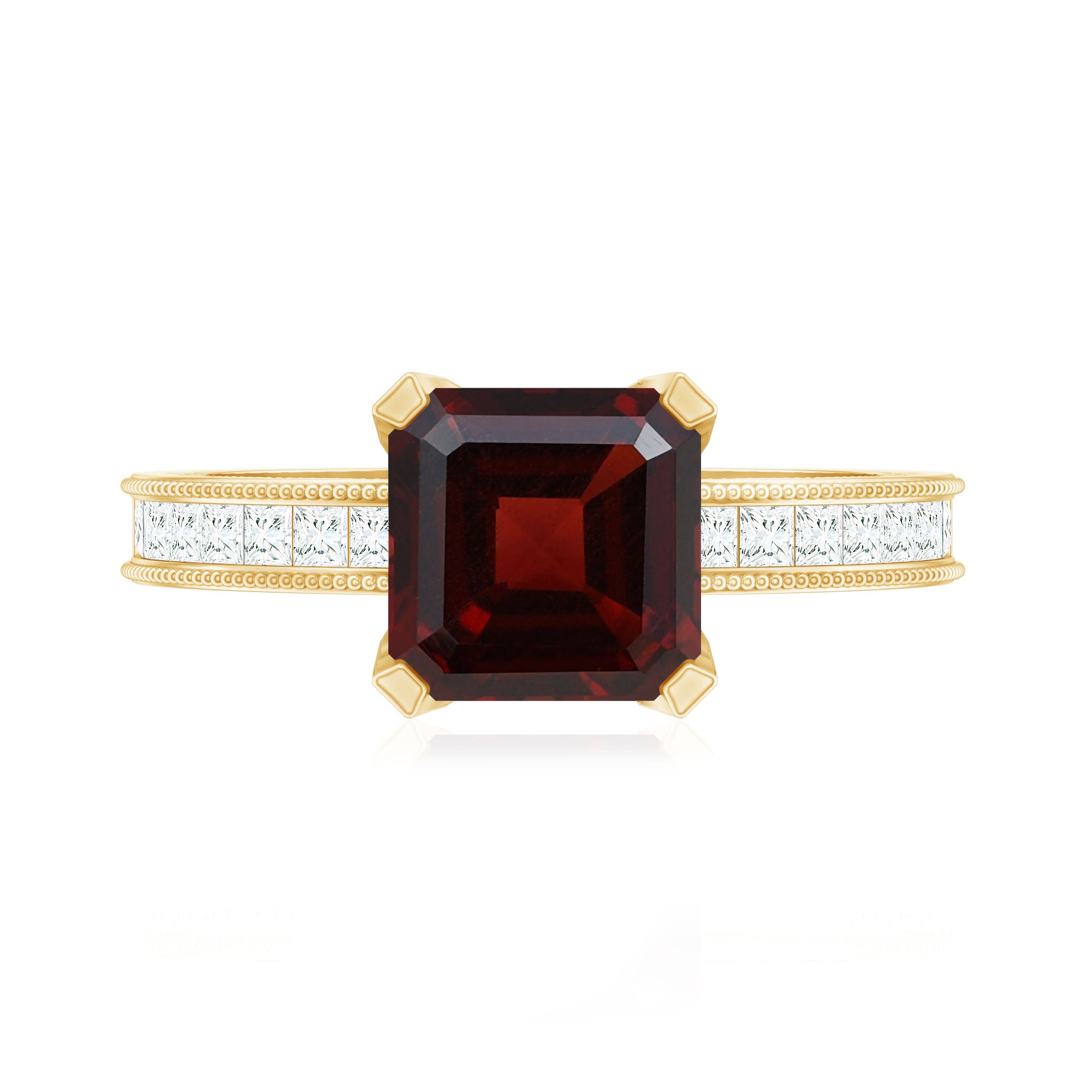 Natural 8mm Asscher Cut Garnet Engagement Ring with Diamond Side Stones AAA - Rosec Jewels
