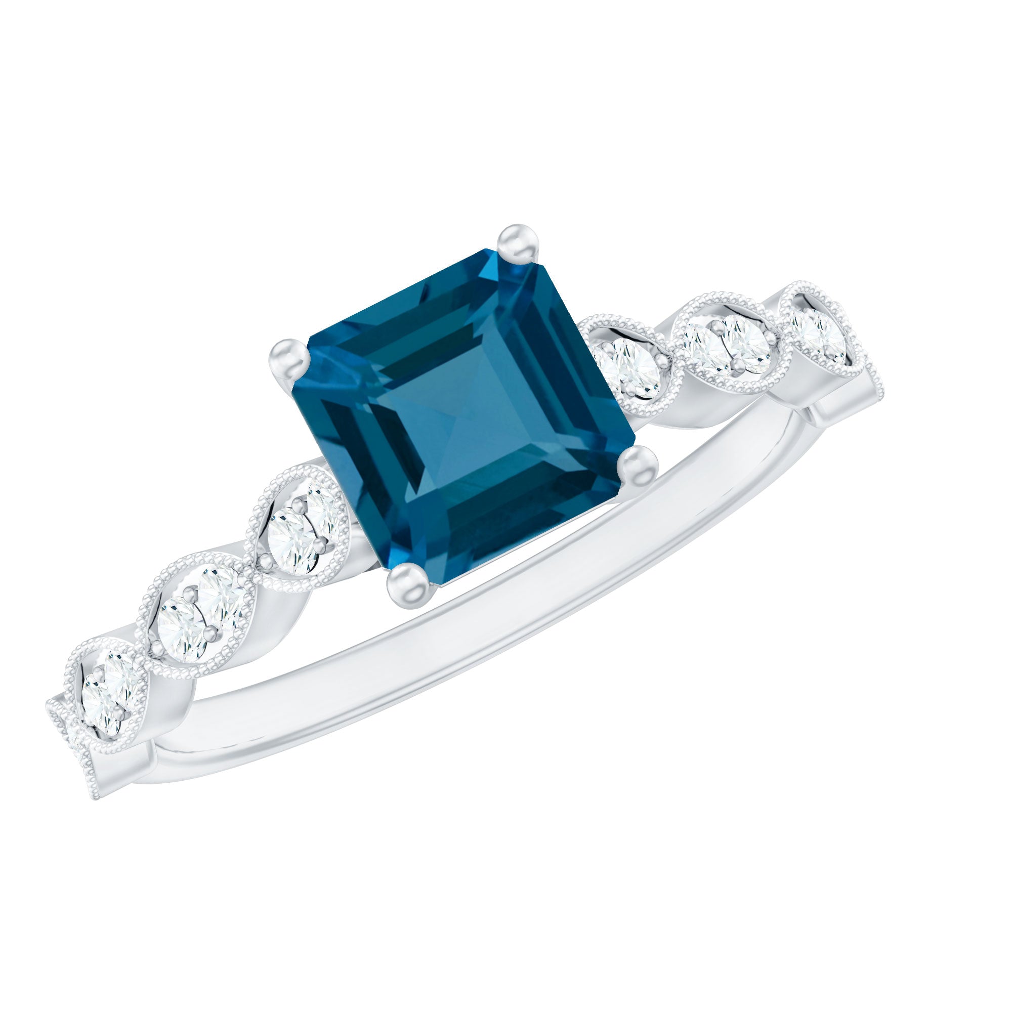 8mm Asscher Cut London Blue Topaz Designer Engagement Ring with Diamond