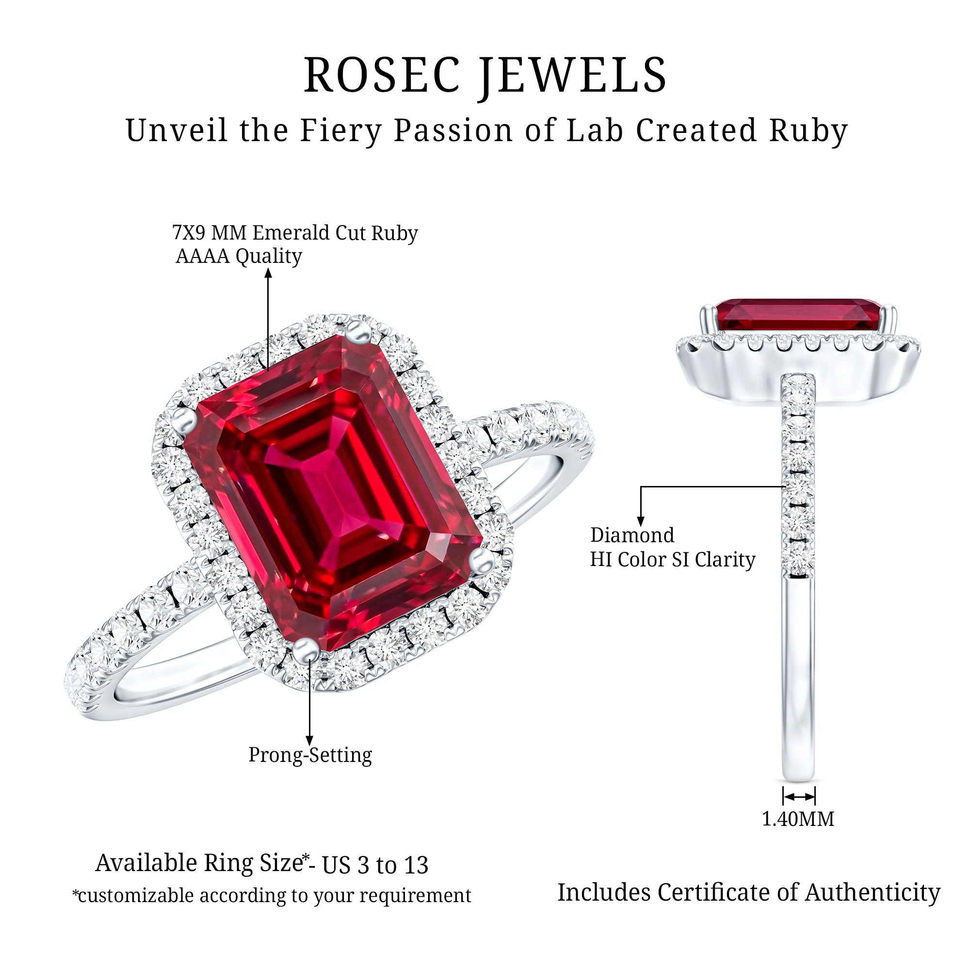 Lab Created Emerald Cut Ruby Engagement Ring with Diamond Halo AAAA - Rosec Jewels