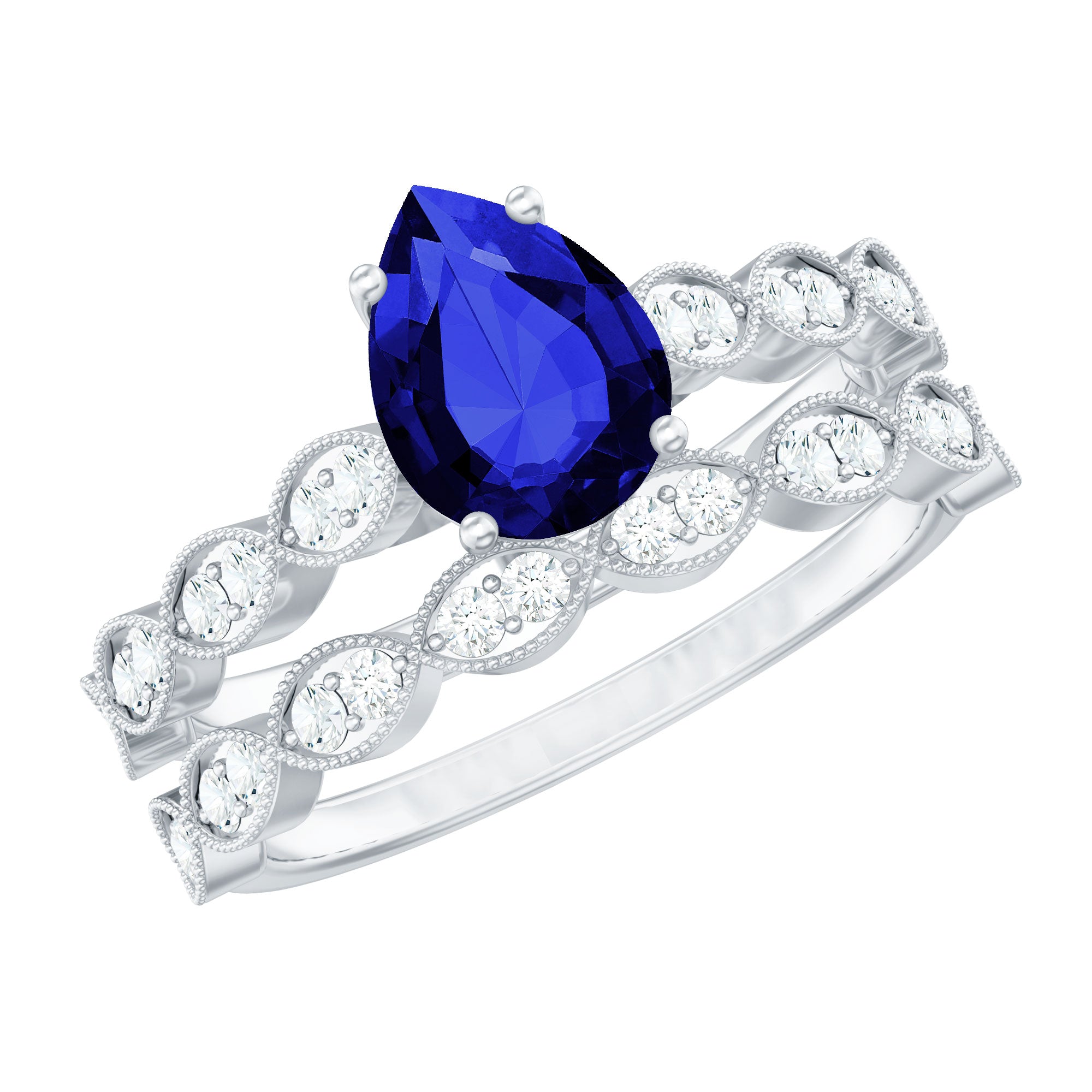 1.6 Carat Pear Lab Grown Blue Sapphire Engagement Ring with Diamond Band