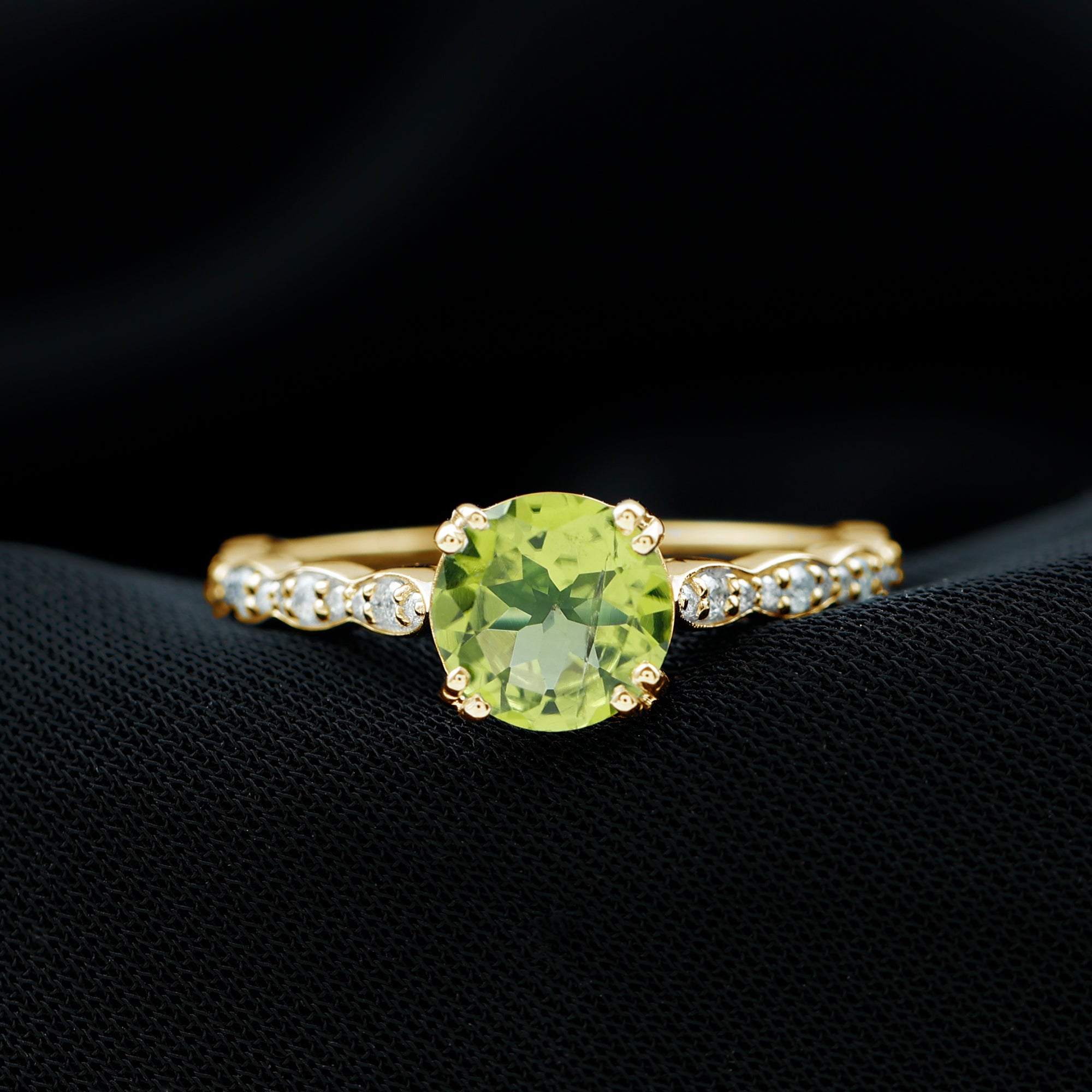 Real 2 Carat Peridot Solitaire Engagement Ring with Diamond Side Stones AAA - Rosec Jewels