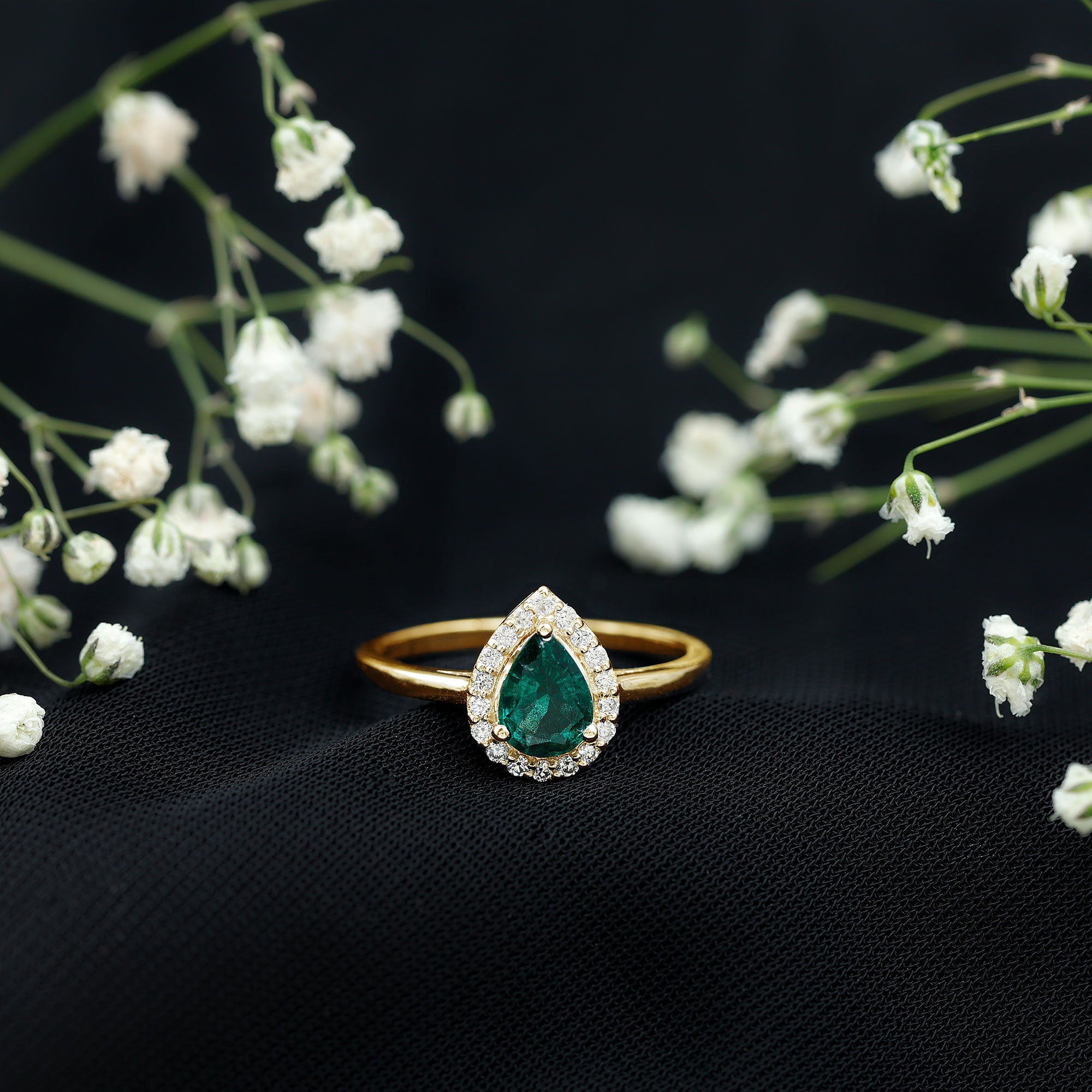 Rosec Jewels-Real Emerald Teardrop Engagement Ring with Diamond Halo