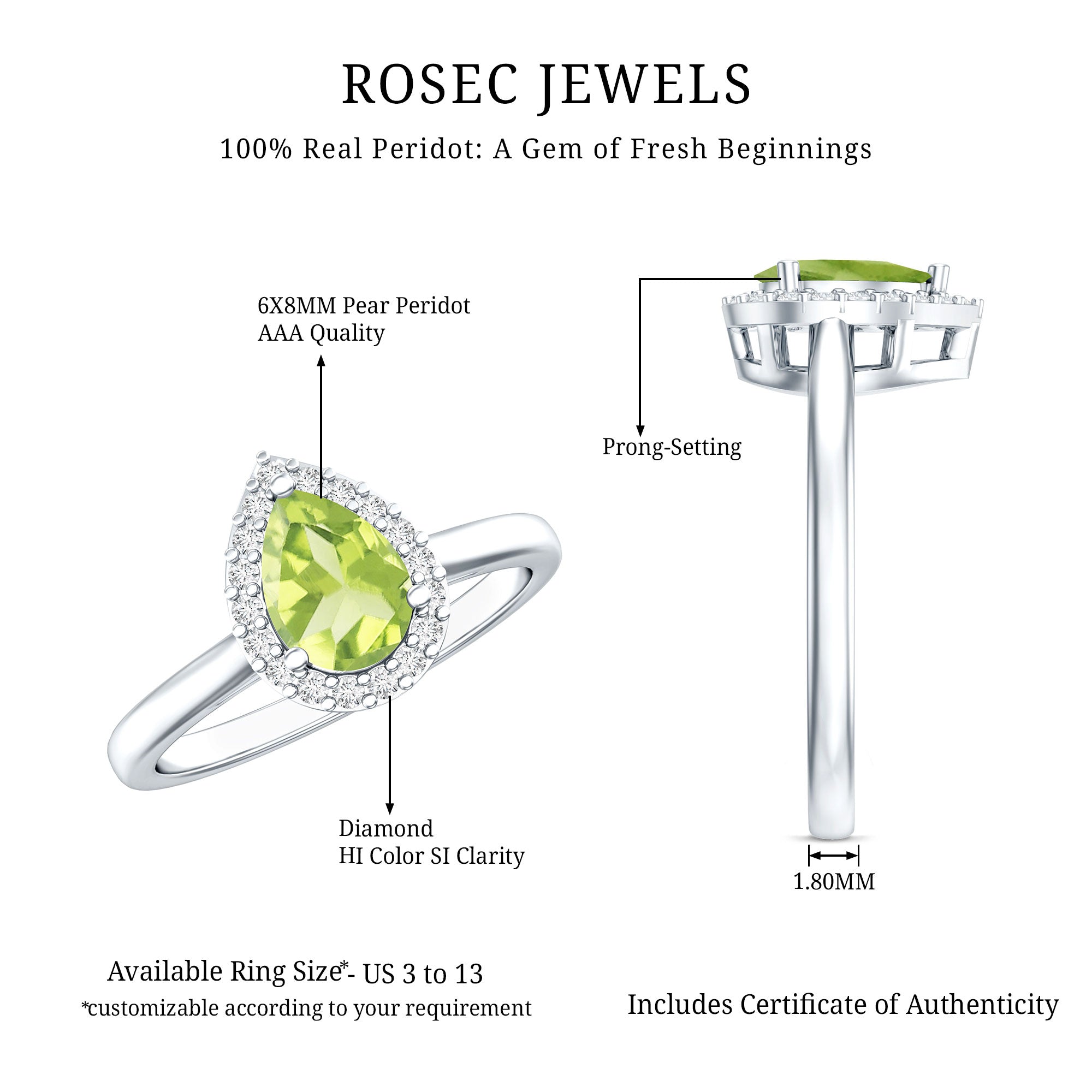 Real 1 Carat Peridot Teardrop Engagement Ring with Diamond Halo AAA - Rosec Jewels