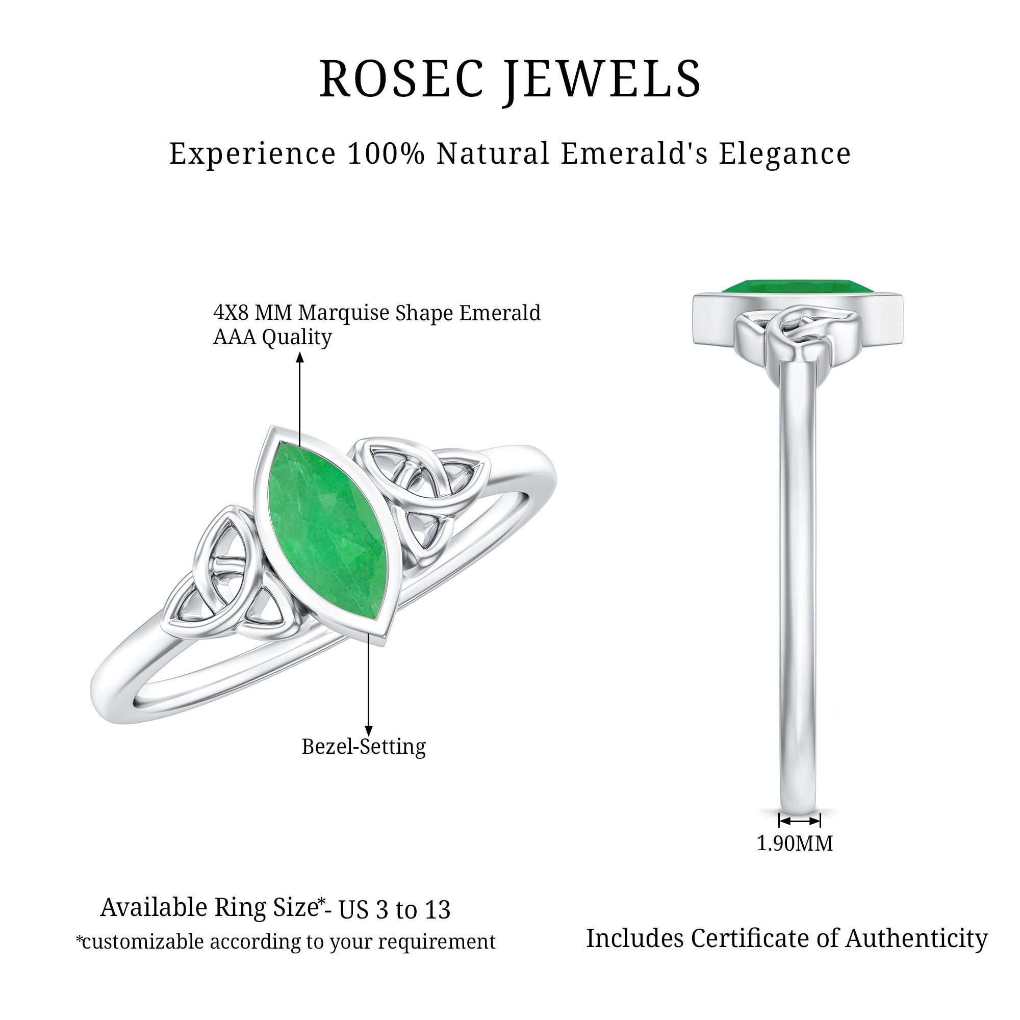 Marquise Cut Natural Emerald Celtic Engagement Ring in Bezel Setting AAA - Rosec Jewels