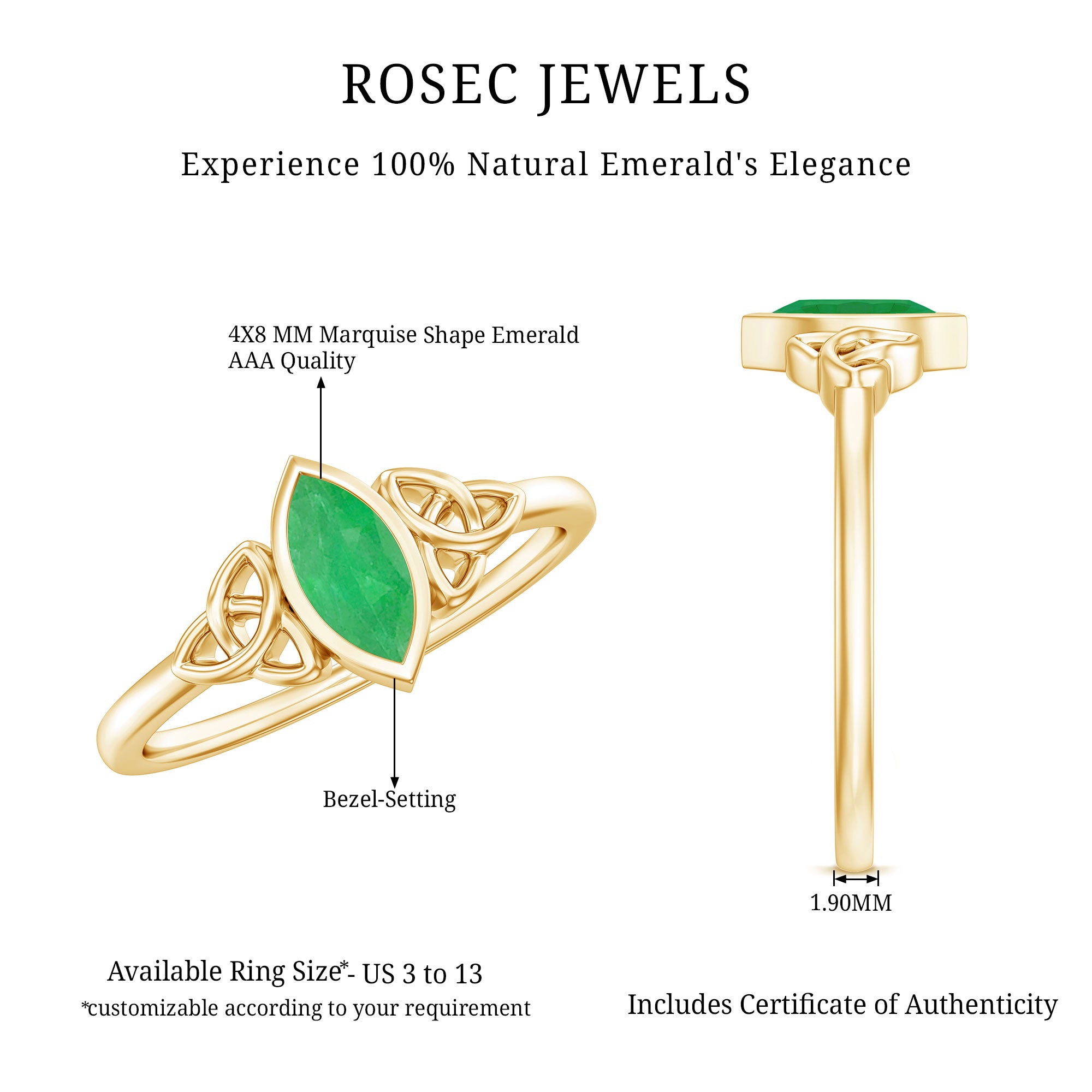 Marquise Cut Natural Emerald Celtic Engagement Ring in Bezel Setting AAA - Rosec Jewels