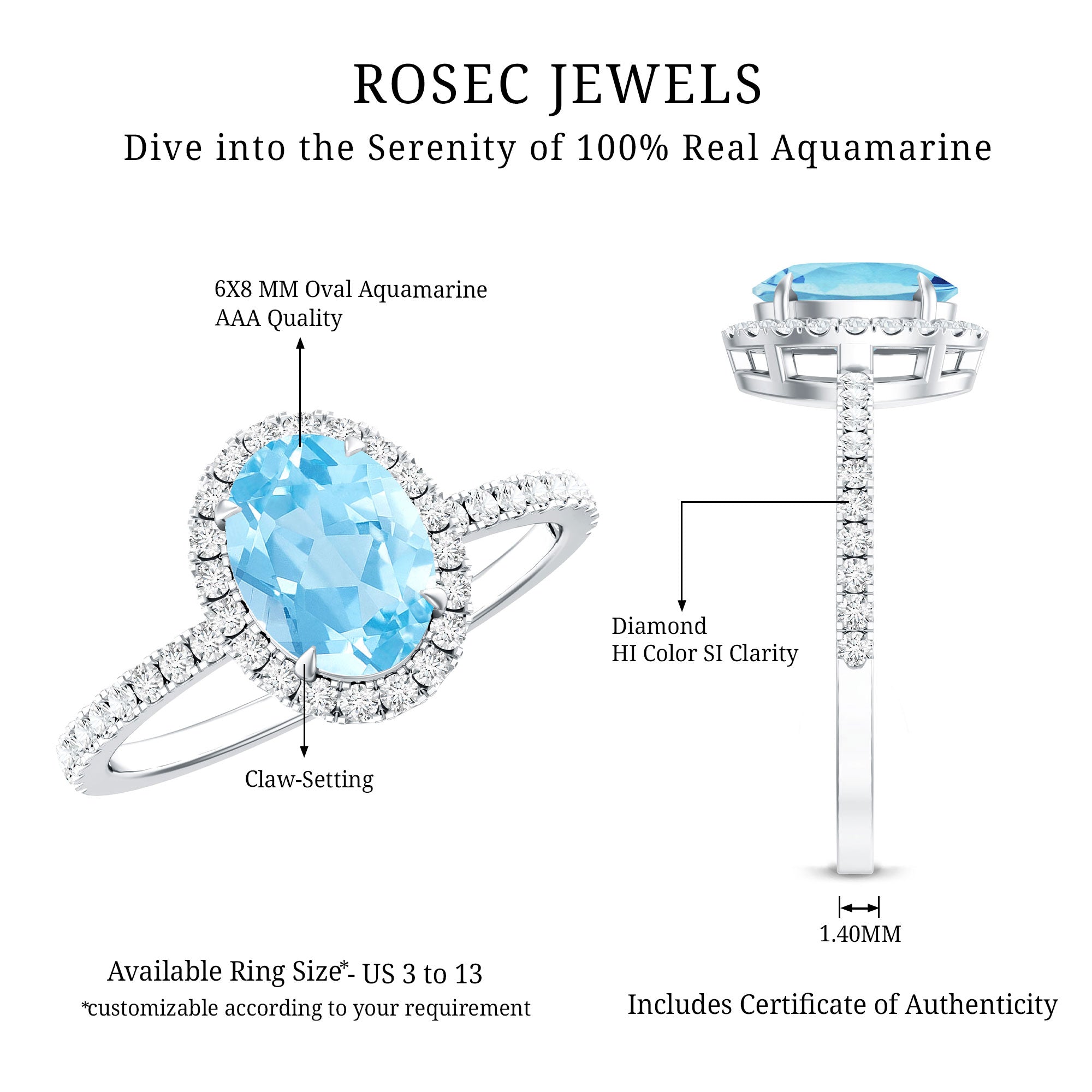 Classic Aquamarine Oval Engagement Ring with Diamond Halo AAA - Rosec Jewels