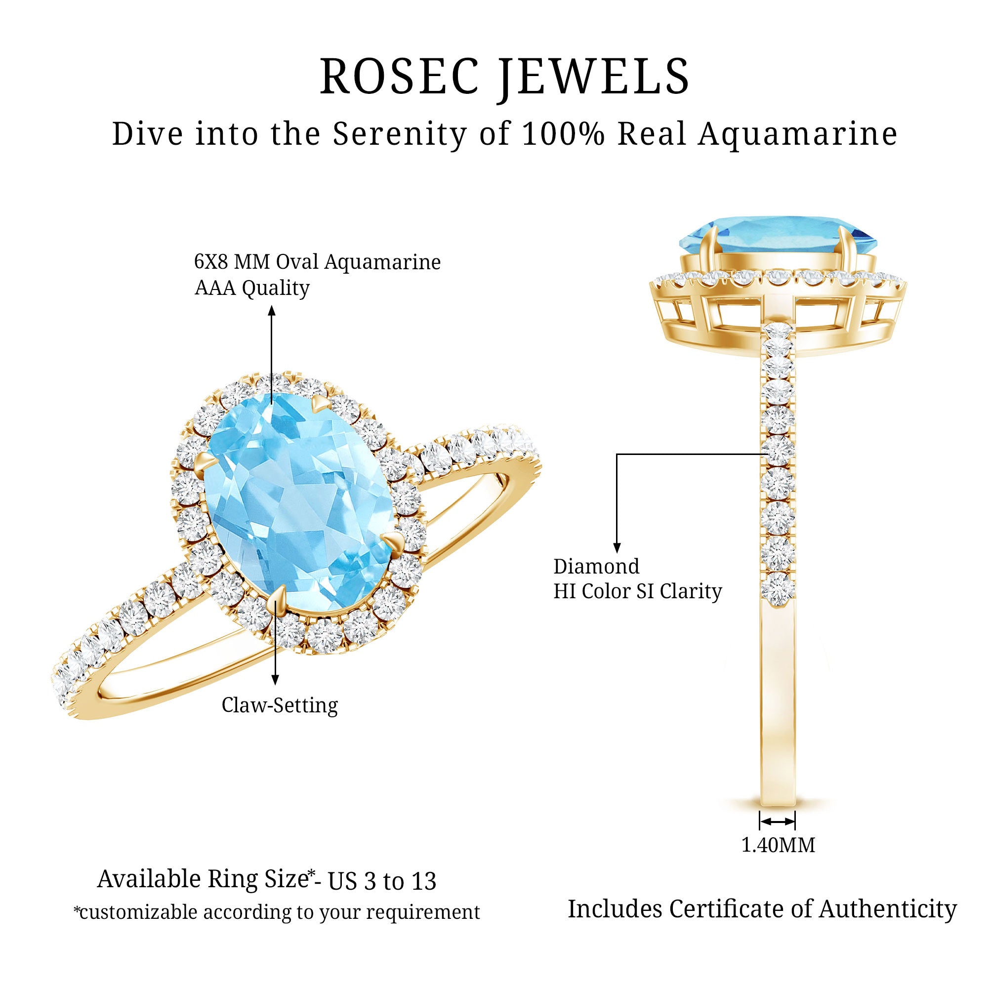 Classic Aquamarine Oval Engagement Ring with Diamond Halo AAA - Rosec Jewels