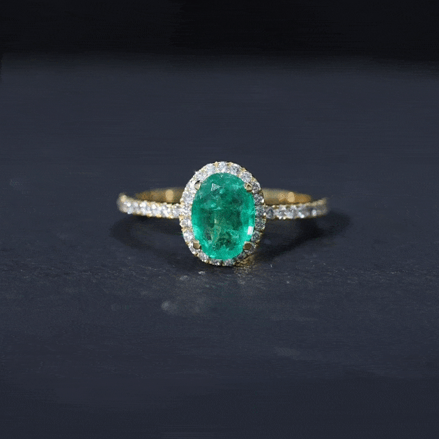 Rosec Jewels-Genuine 6X8MM Oval Emerald Engagement Ring with Diamond Halo