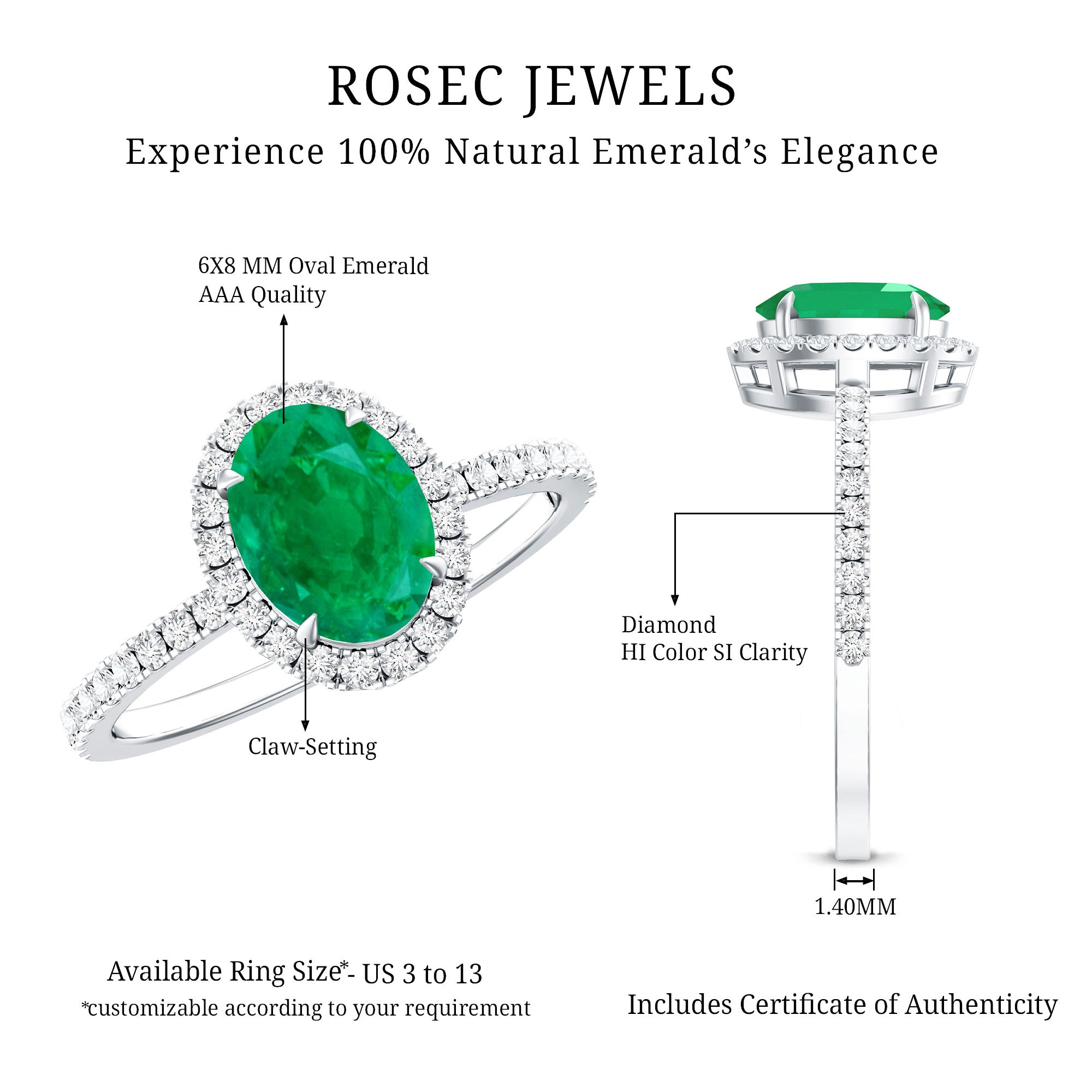 Genuine 6X8MM Oval Emerald Engagement Ring with Diamond Halo AAA - Rosec Jewels