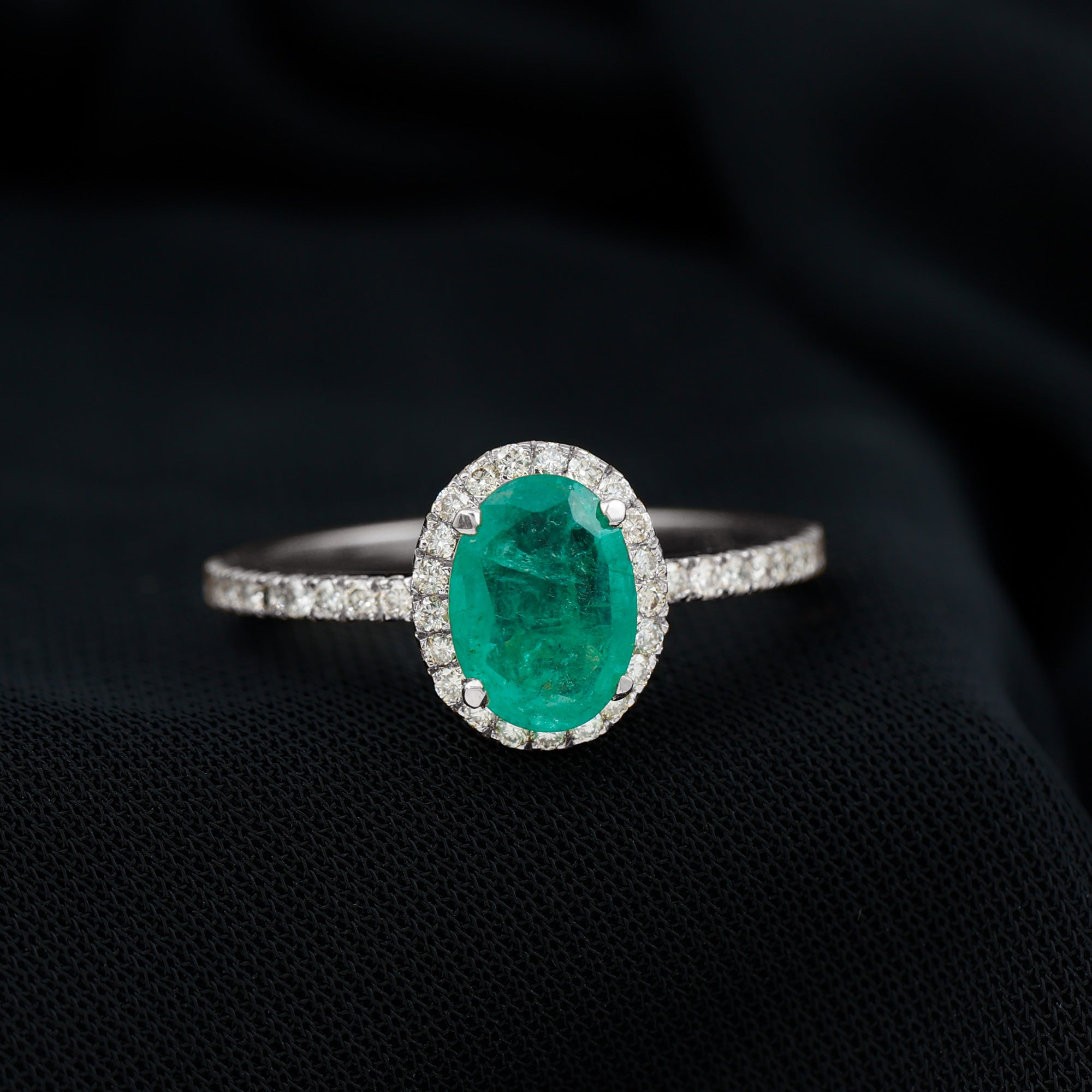 Genuine 6X8MM Oval Emerald Engagement Ring with Diamond Halo AAA - Rosec Jewels