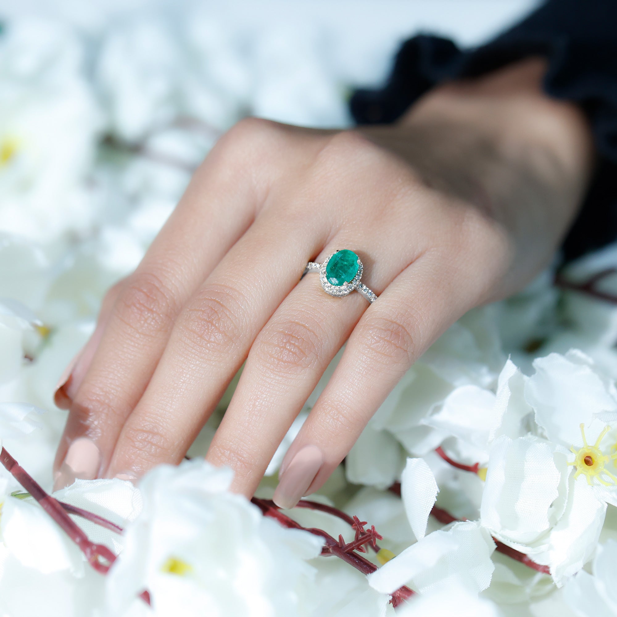 Genuine 6X8MM Oval Emerald Engagement Ring with Diamond Halo AAA - Rosec Jewels