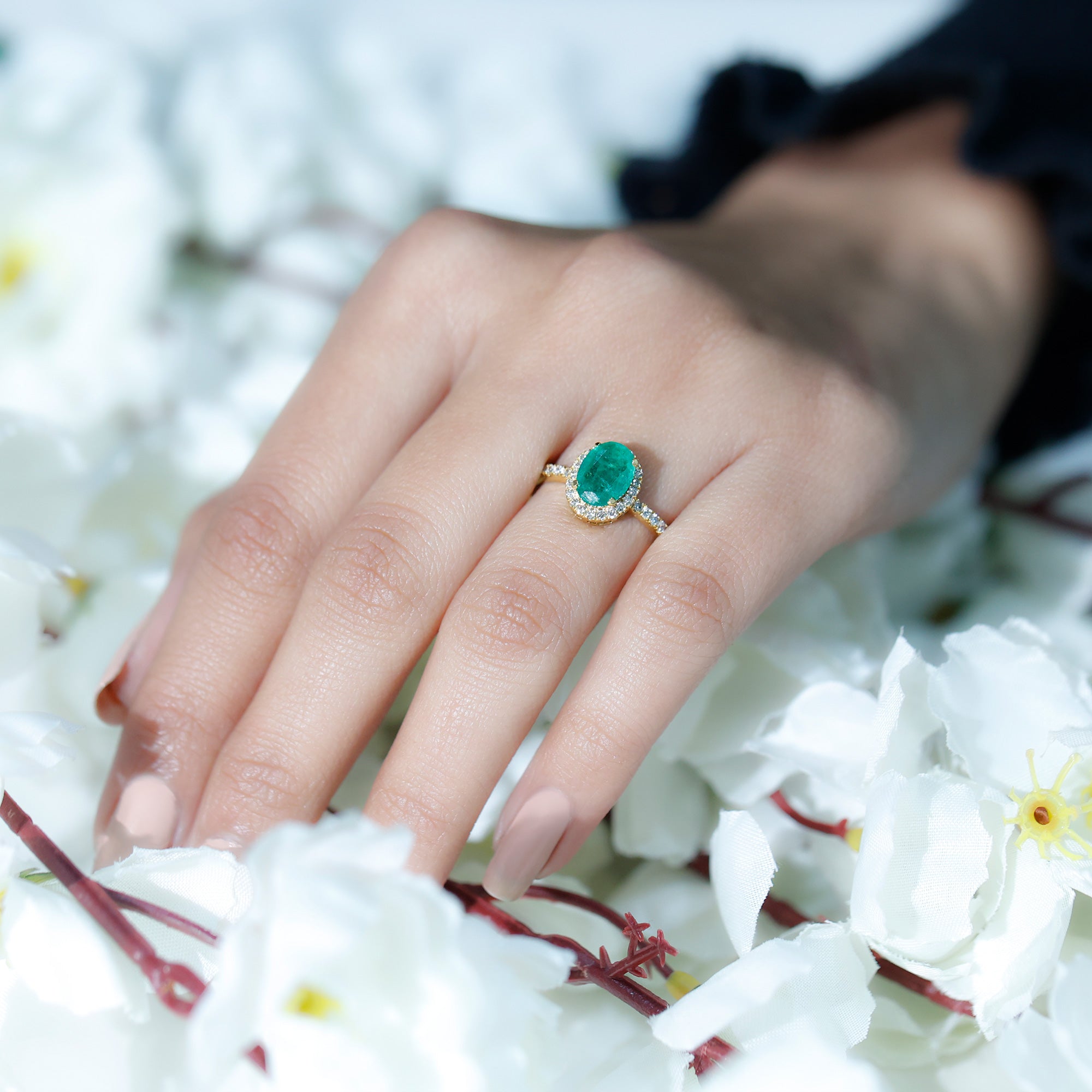 Genuine 6X8MM Oval Emerald Engagement Ring with Diamond Halo AAA - Rosec Jewels