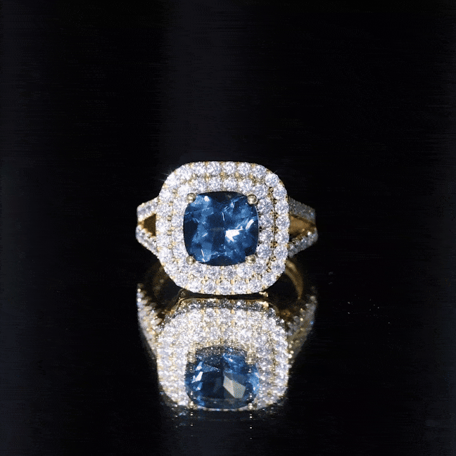 Real 8mm Cushion Cut London Blue Topaz Double Halo Engagement Ring with Moissanite AAA - Rosec Jewels