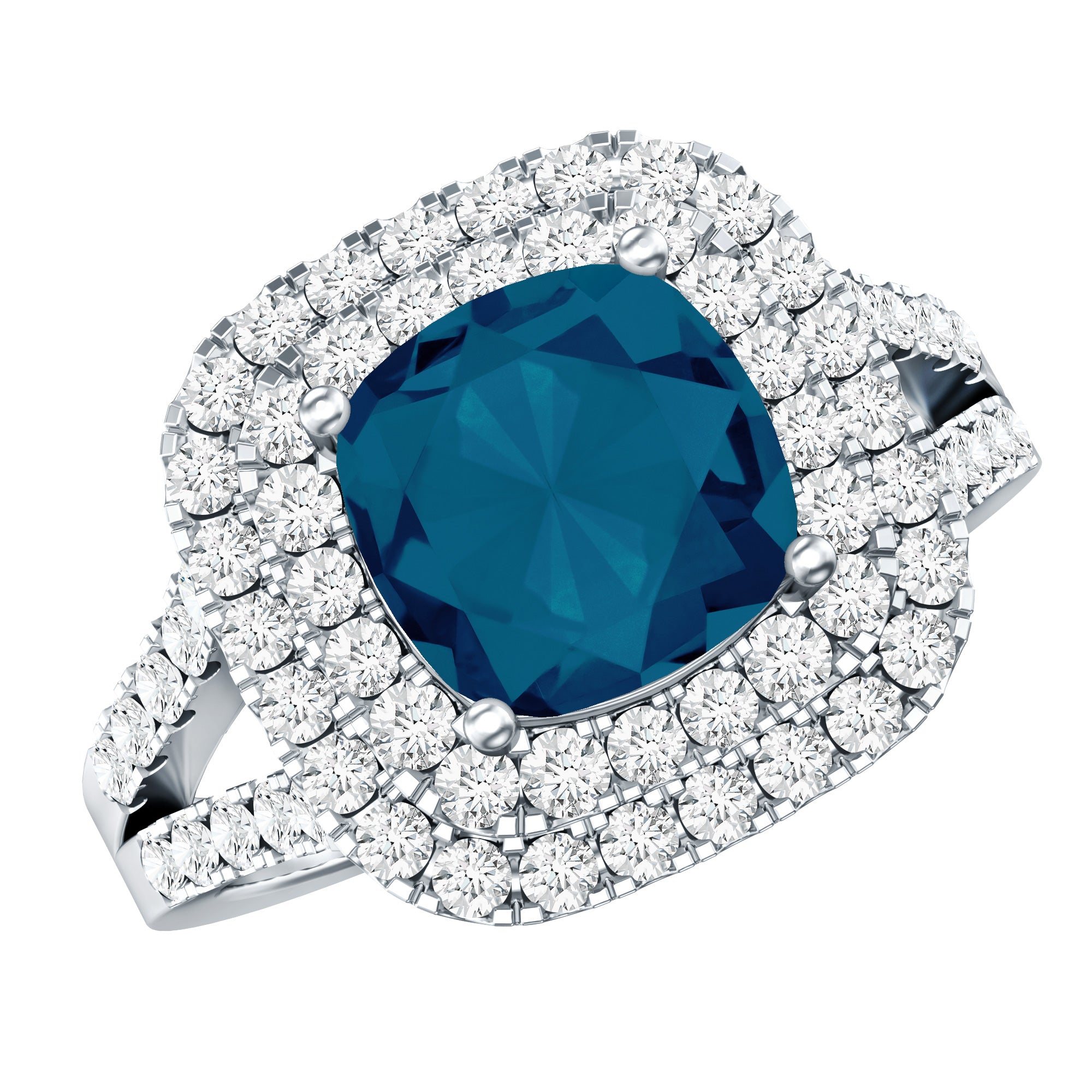 Real 8mm Cushion Cut London Blue Topaz Double Halo Engagement Ring with Moissanite AAA - Rosec Jewels