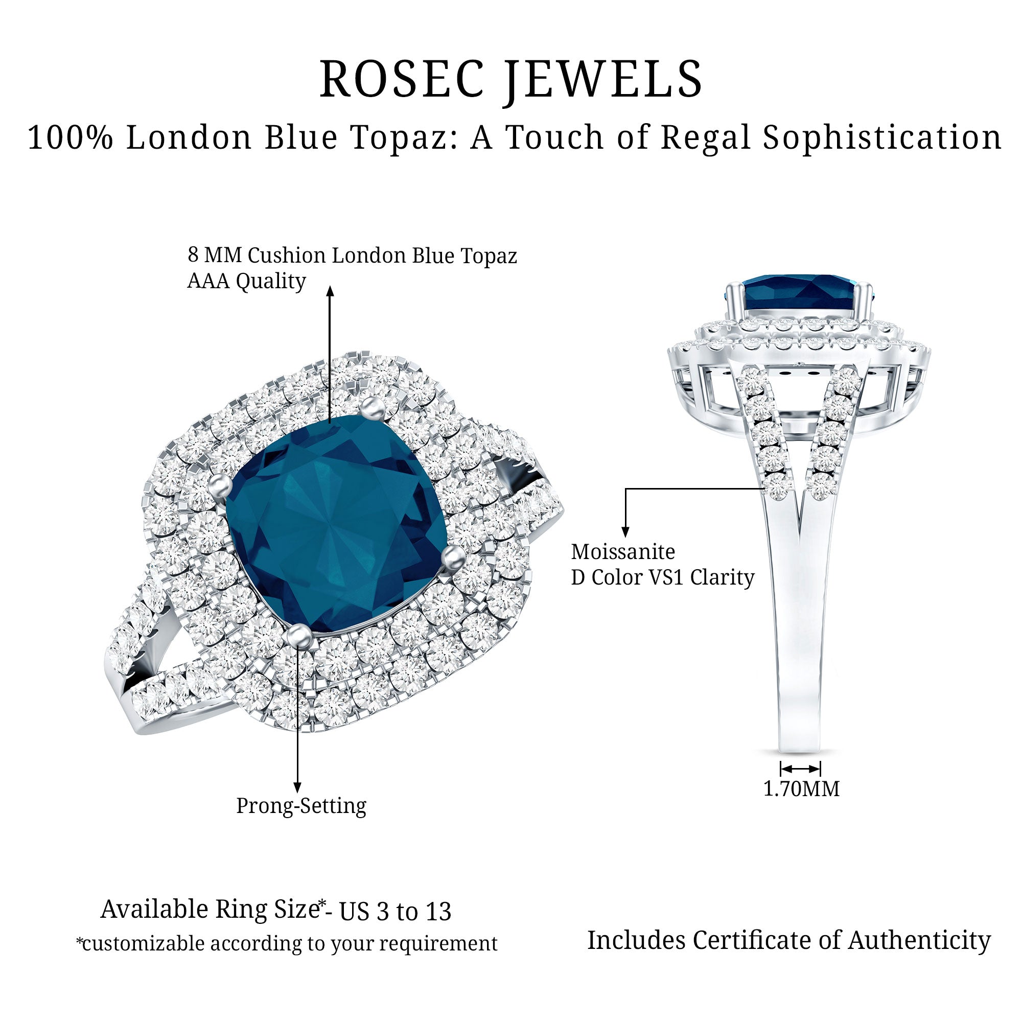Real 8mm Cushion Cut London Blue Topaz Double Halo Engagement Ring with Moissanite AAA - Rosec Jewels