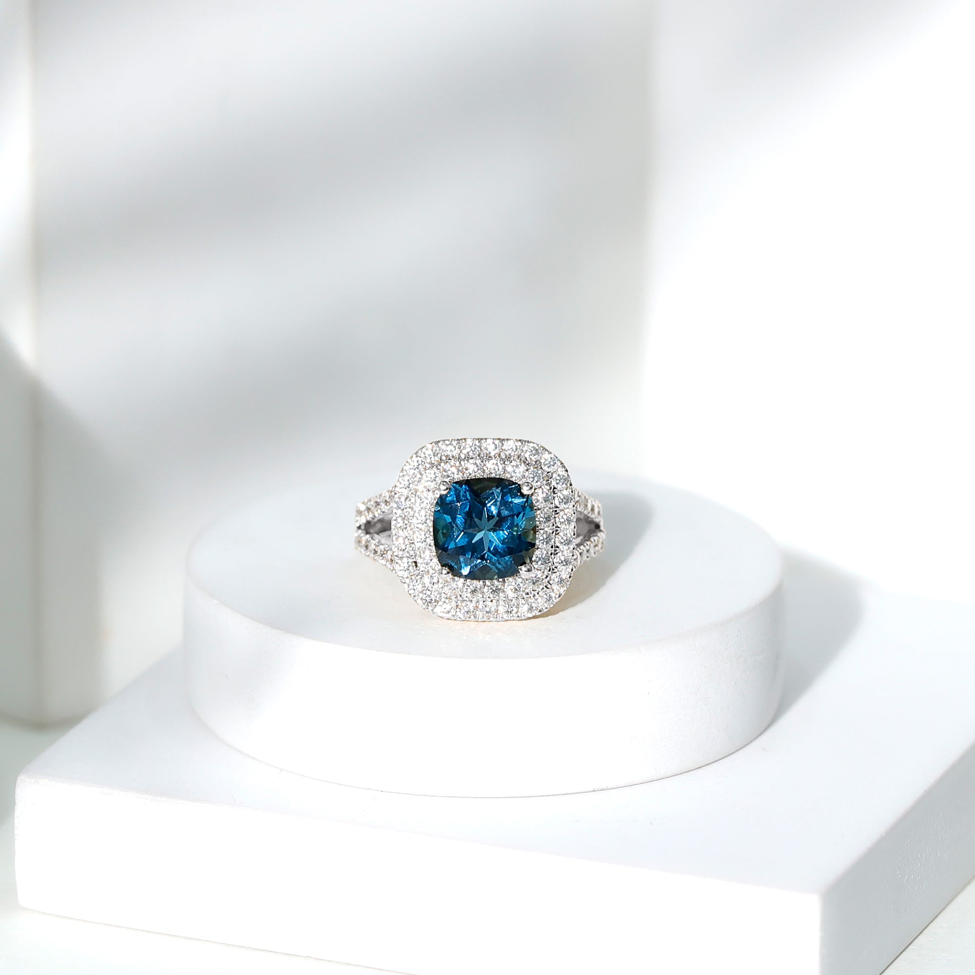 Real 8mm Cushion Cut London Blue Topaz Double Halo Engagement Ring with Moissanite AAA - Rosec Jewels