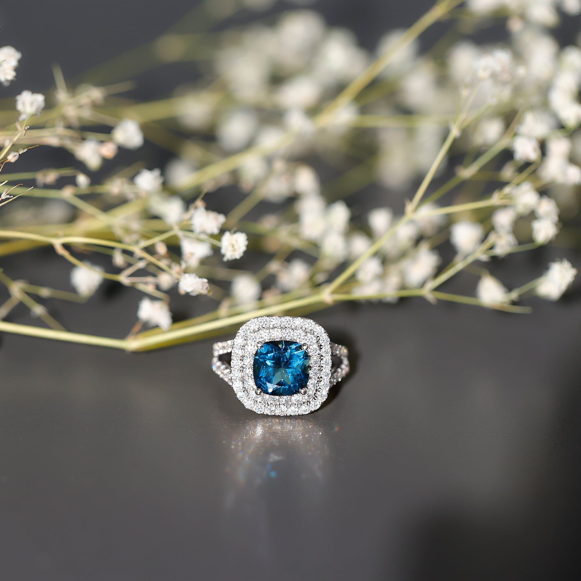 Real 8mm Cushion Cut London Blue Topaz Double Halo Engagement Ring with Moissanite AAA - Rosec Jewels