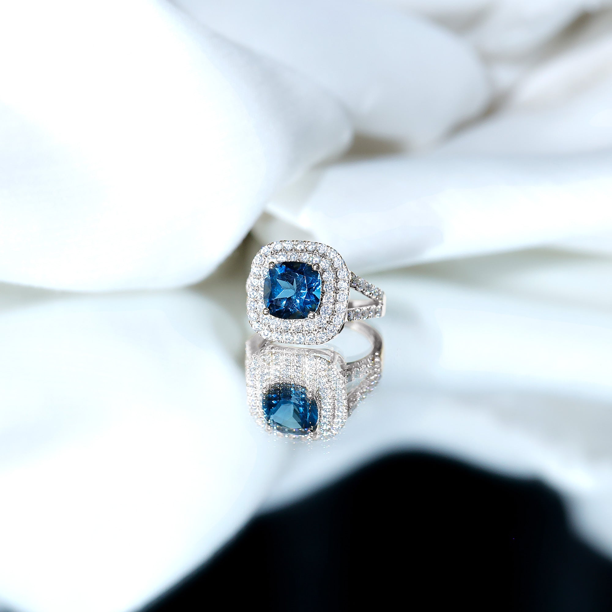 Real 8mm Cushion Cut London Blue Topaz Double Halo Engagement Ring with Moissanite AAA - Rosec Jewels