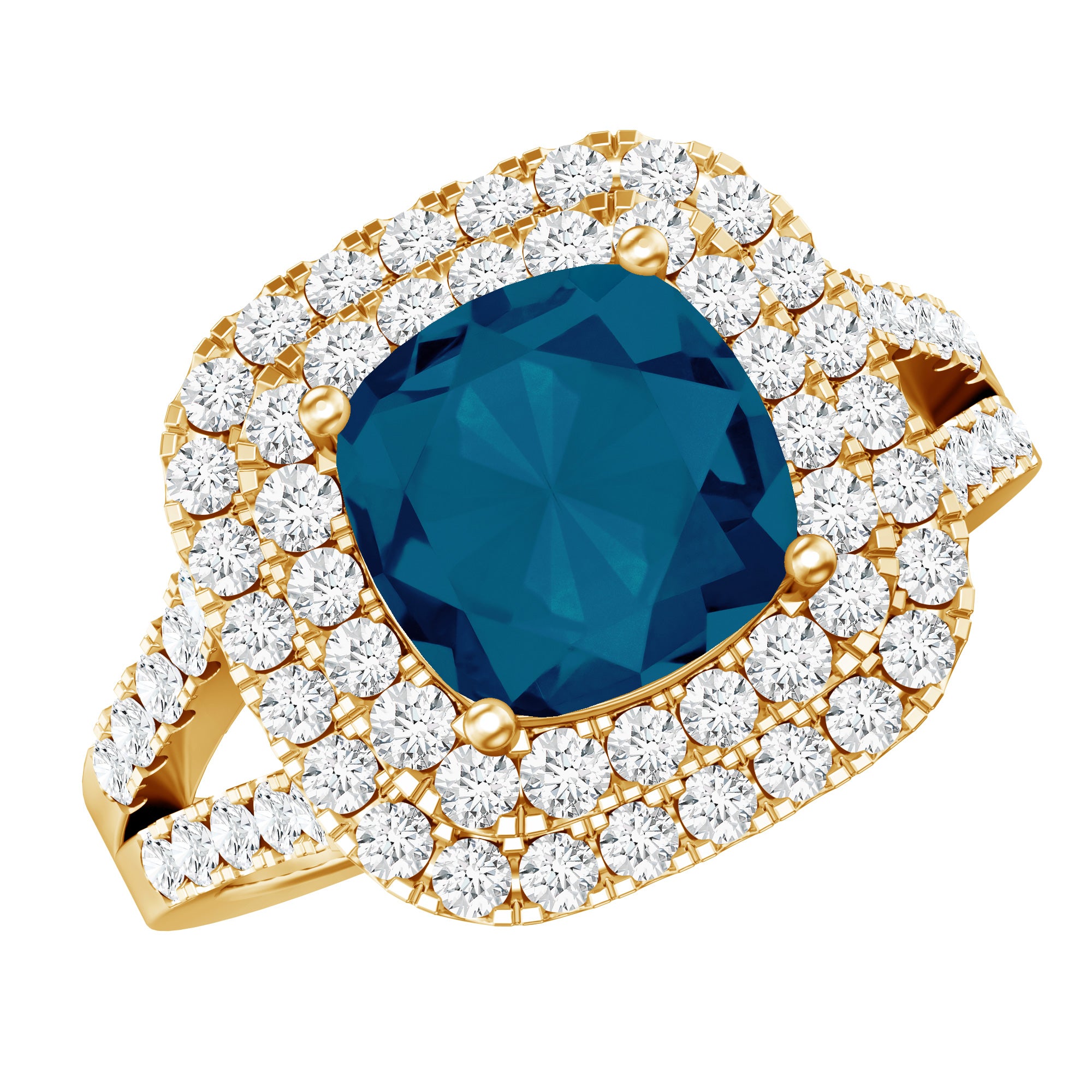 Real 8mm Cushion Cut London Blue Topaz Double Halo Engagement Ring with Moissanite AAA - Rosec Jewels