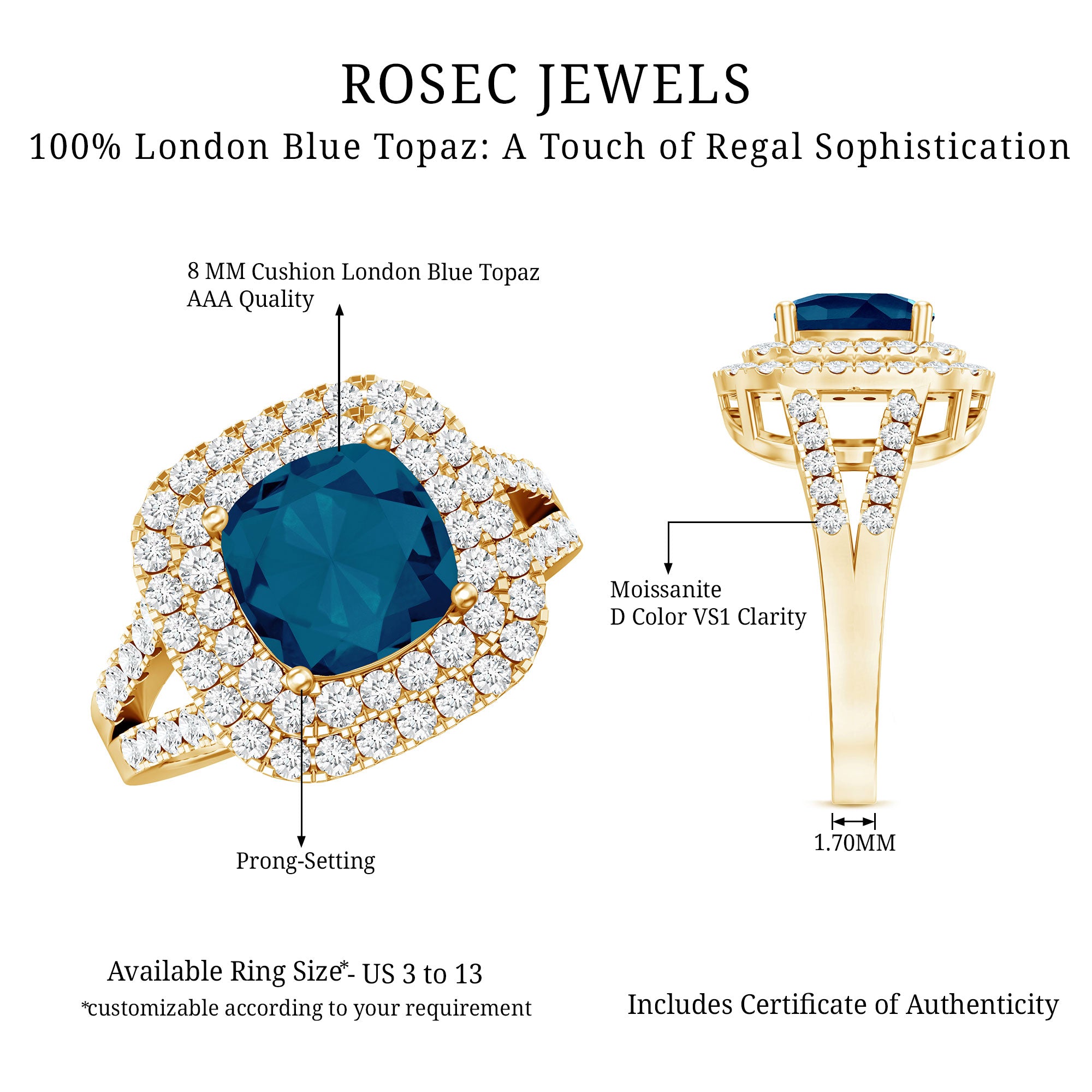 Real 8mm Cushion Cut London Blue Topaz Double Halo Engagement Ring with Moissanite AAA - Rosec Jewels