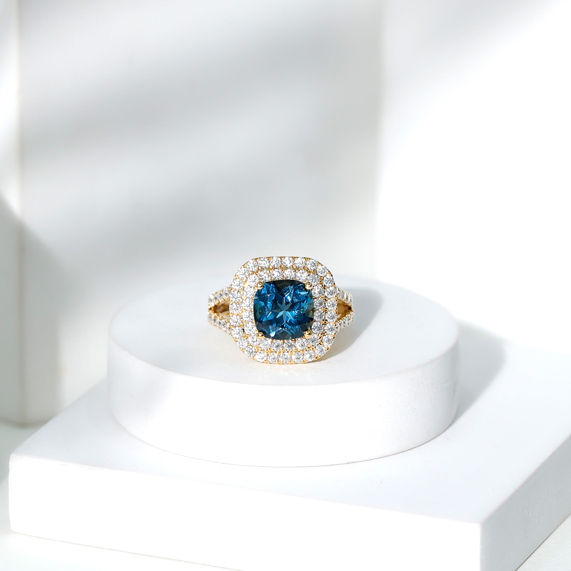 Real 8mm Cushion Cut London Blue Topaz Double Halo Engagement Ring with Moissanite AAA - Rosec Jewels