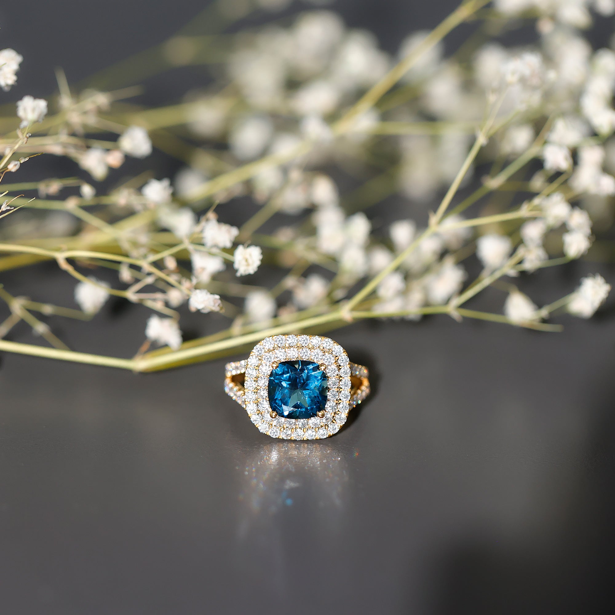 Real 8mm Cushion Cut London Blue Topaz Double Halo Engagement Ring with Moissanite AAA - Rosec Jewels