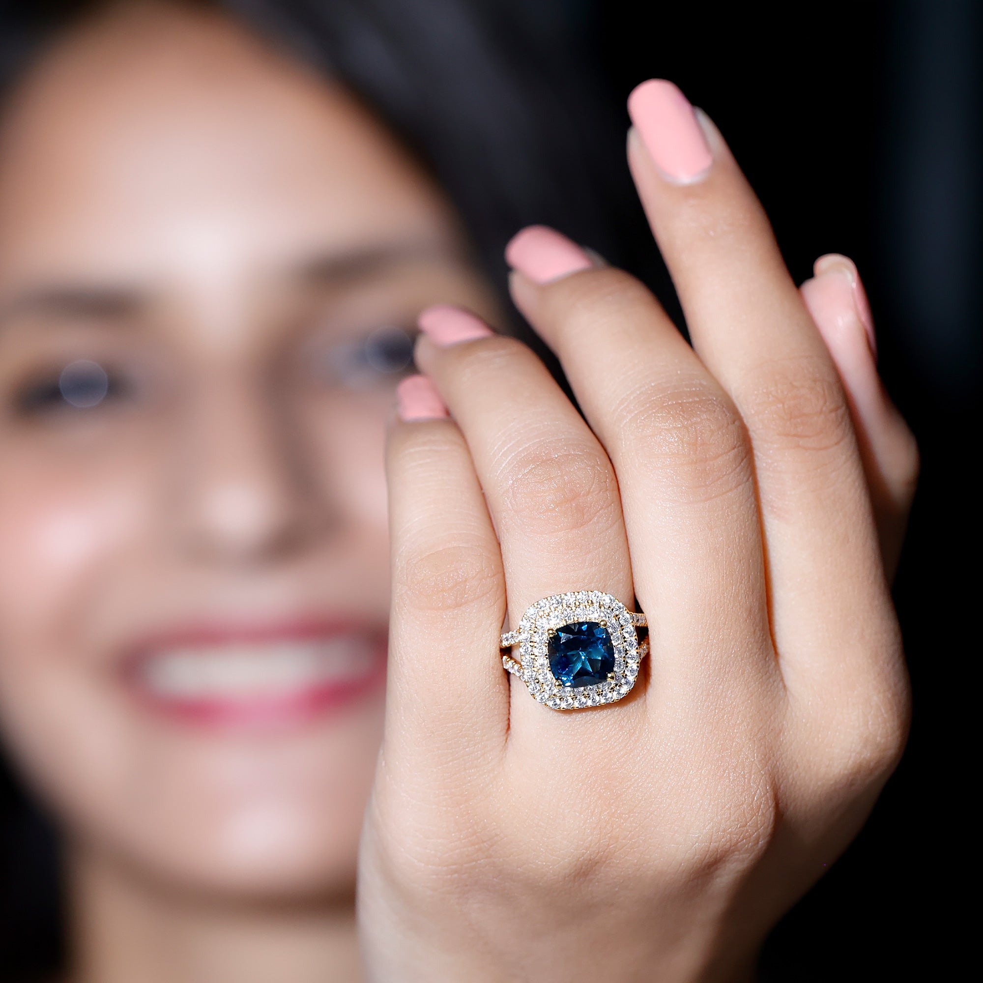 Real 8mm Cushion Cut London Blue Topaz Double Halo Engagement Ring with Moissanite AAA - Rosec Jewels
