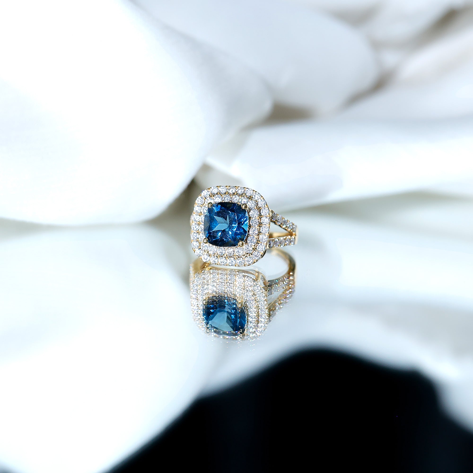 Real 8mm Cushion Cut London Blue Topaz Double Halo Engagement Ring with Moissanite AAA - Rosec Jewels