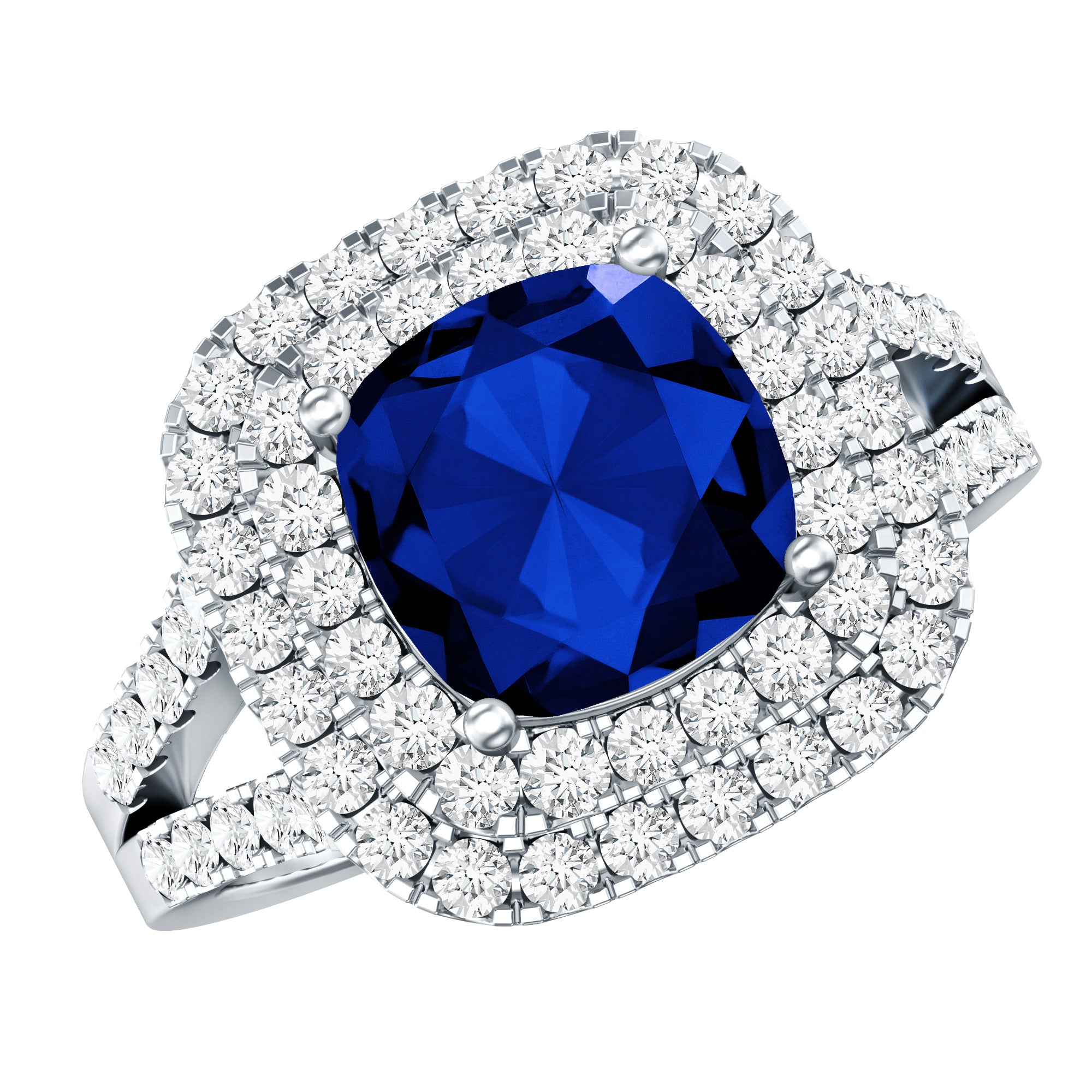 2.7 Carat Cushion Cut Lab Grown Blue Sapphire Engagement Ring with Double Halo AAAA - Rosec Jewels