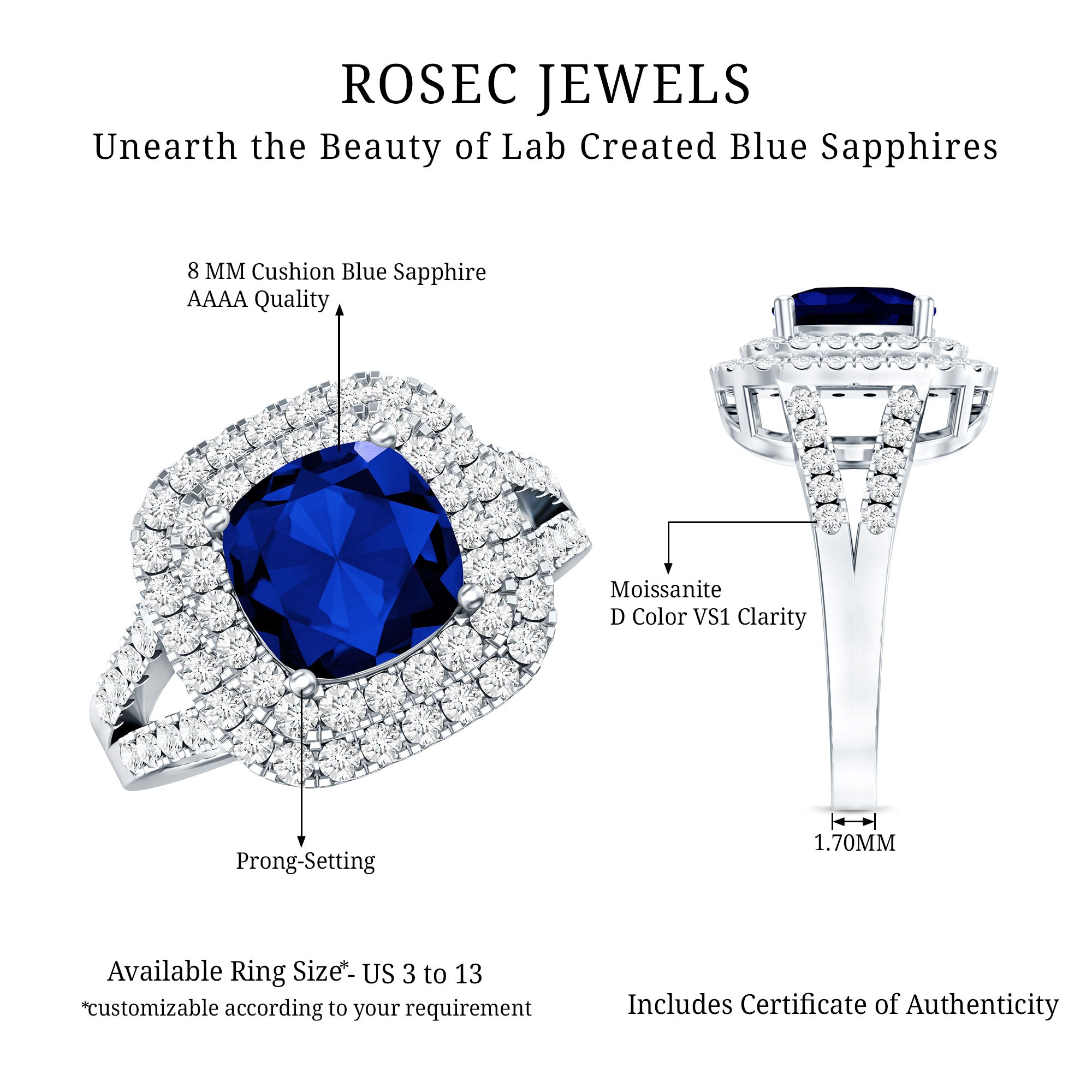 2.7 Carat Cushion Cut Lab Grown Blue Sapphire Engagement Ring with Double Halo AAAA - Rosec Jewels