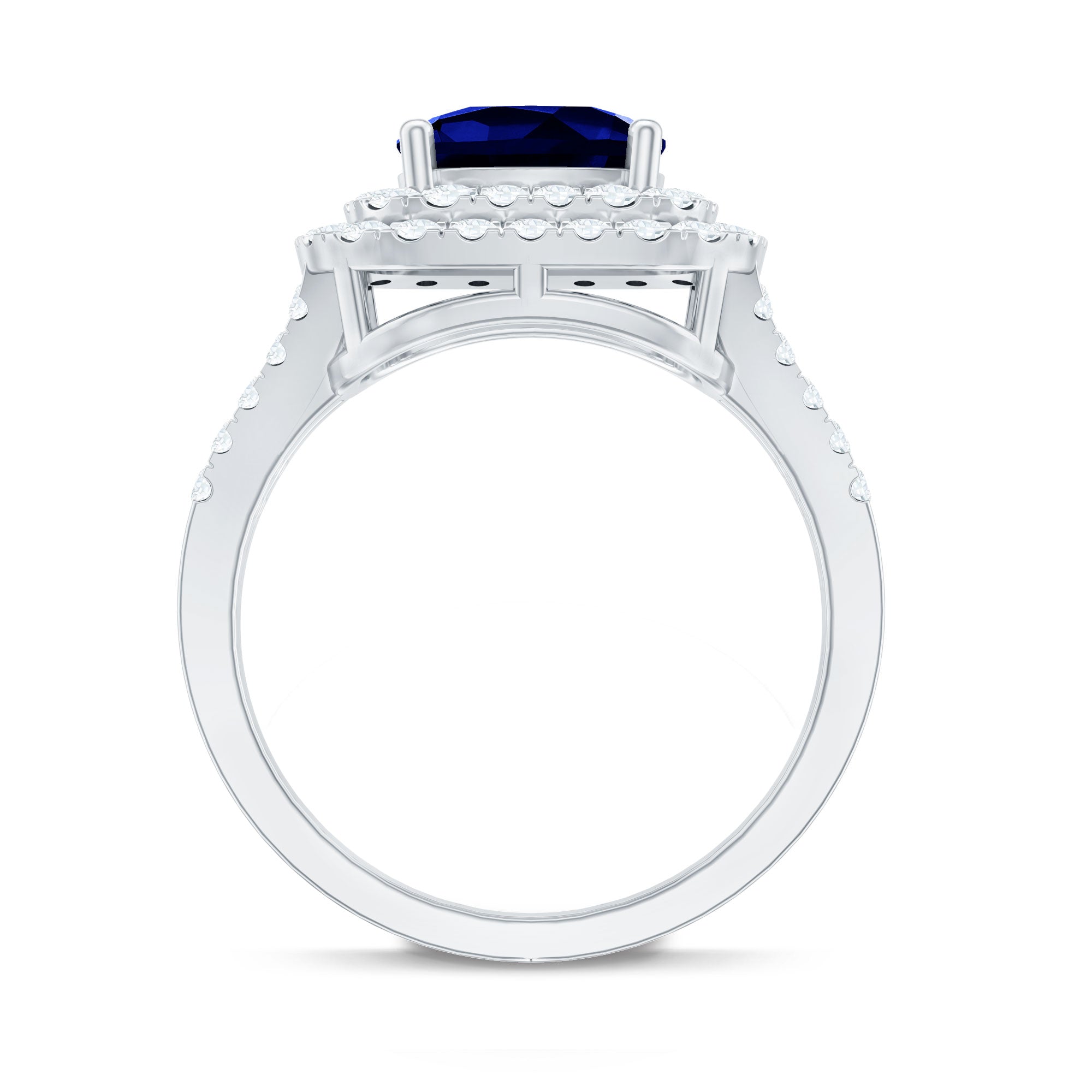 2.7 Carat Cushion Cut Lab Grown Blue Sapphire Engagement Ring with Double Halo AAAA - Rosec Jewels