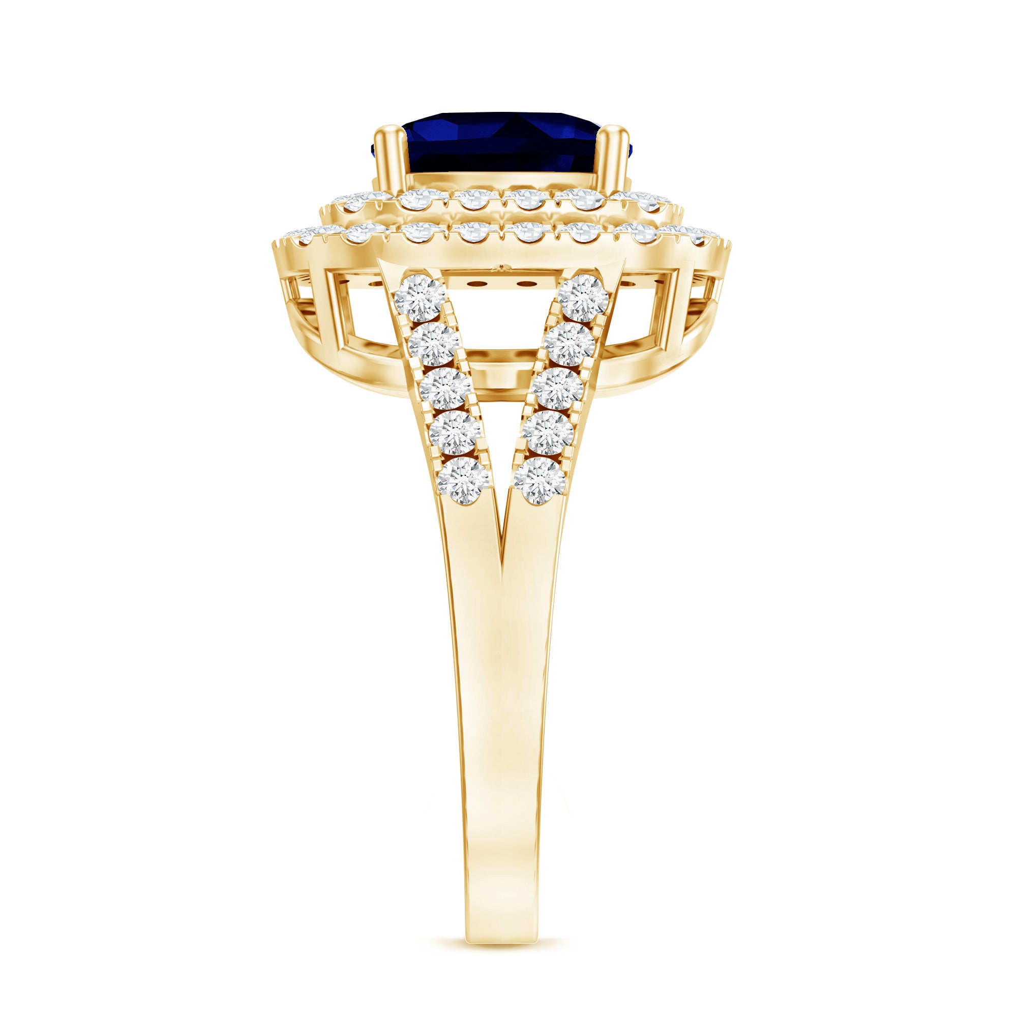 2.7 Carat Cushion Cut Lab Grown Blue Sapphire Engagement Ring with Double Halo AAAA - Rosec Jewels