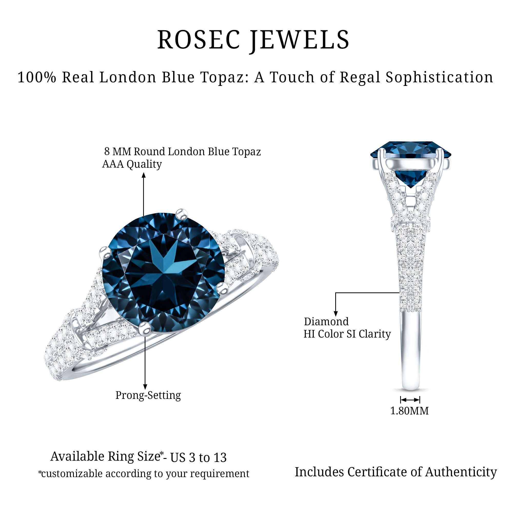 Natural London Blue Topaz Split Shank Engagement Ring AAA - Rosec Jewels