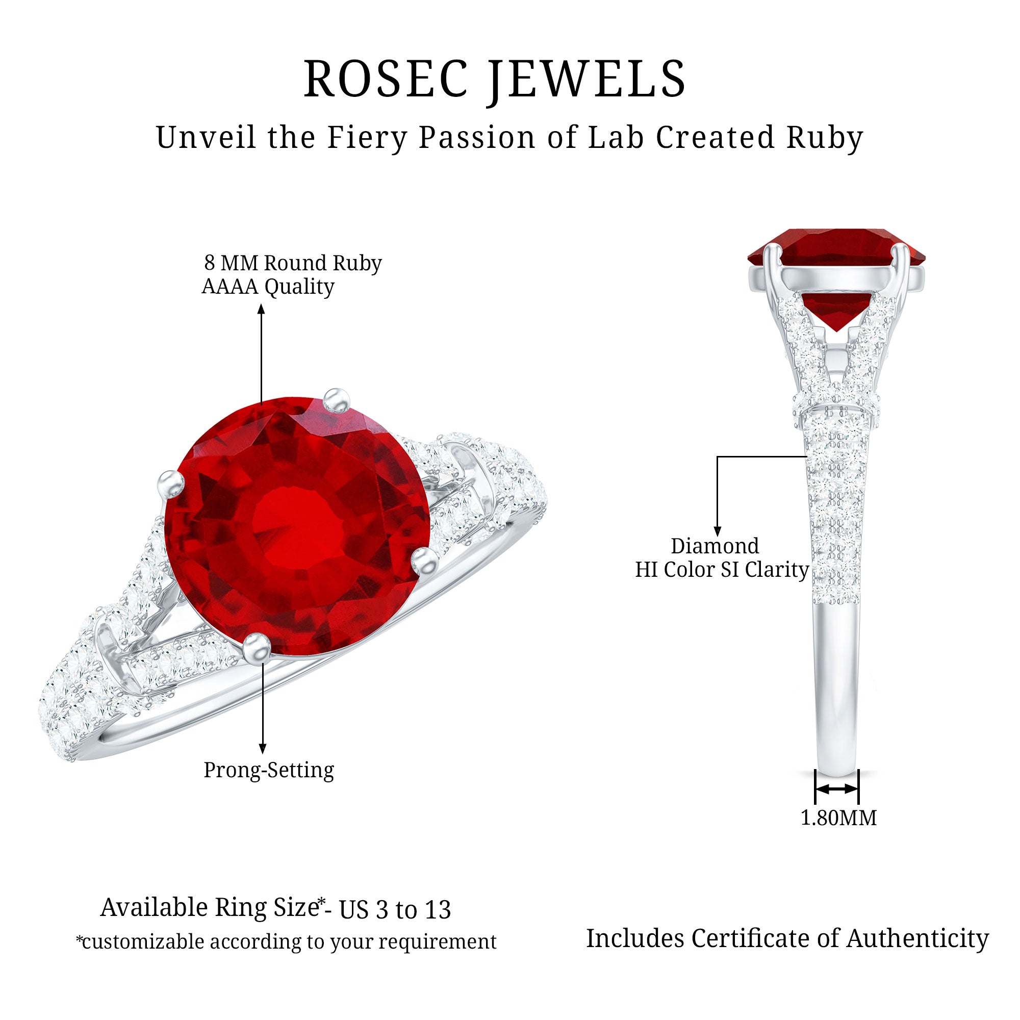 Rosec Jewels-Lab Created Ruby and Diamond Split Shank Engagement Ring