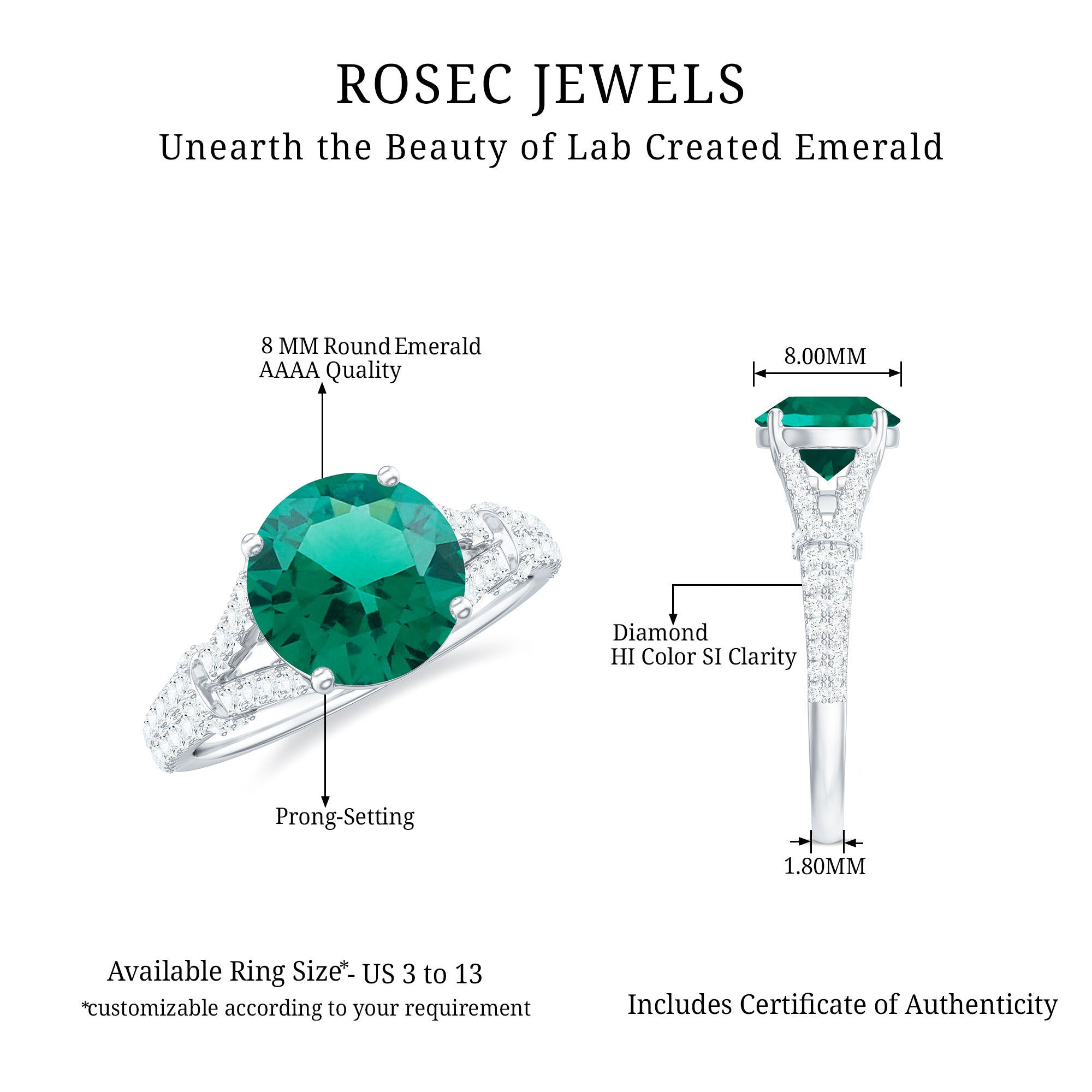 Classic Lab Grown Emerald Diamond Engagement Ring with Split Shank AAAA - Rosec Jewels