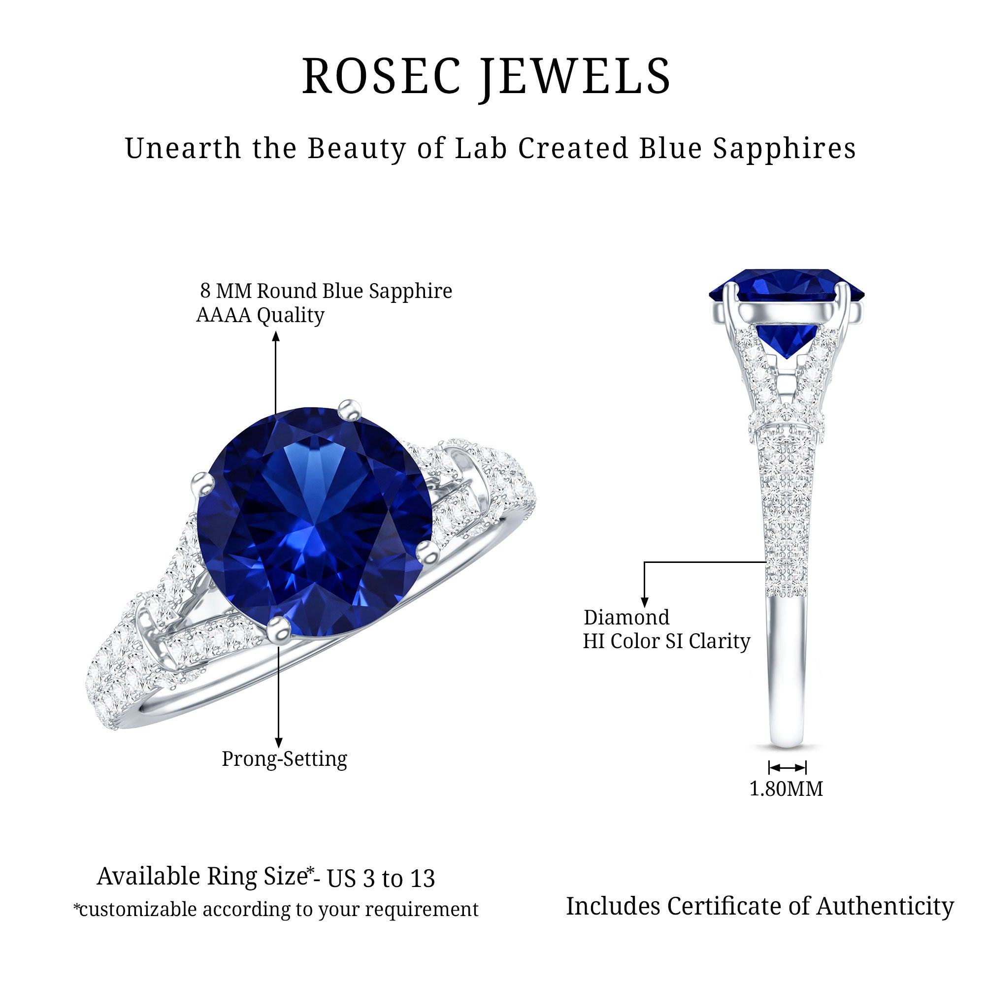Certified 2.7 Carat Lab Grown Blue Sapphire Engagement Ring with Diamond Split Shank AAAA - Rosec Jewels