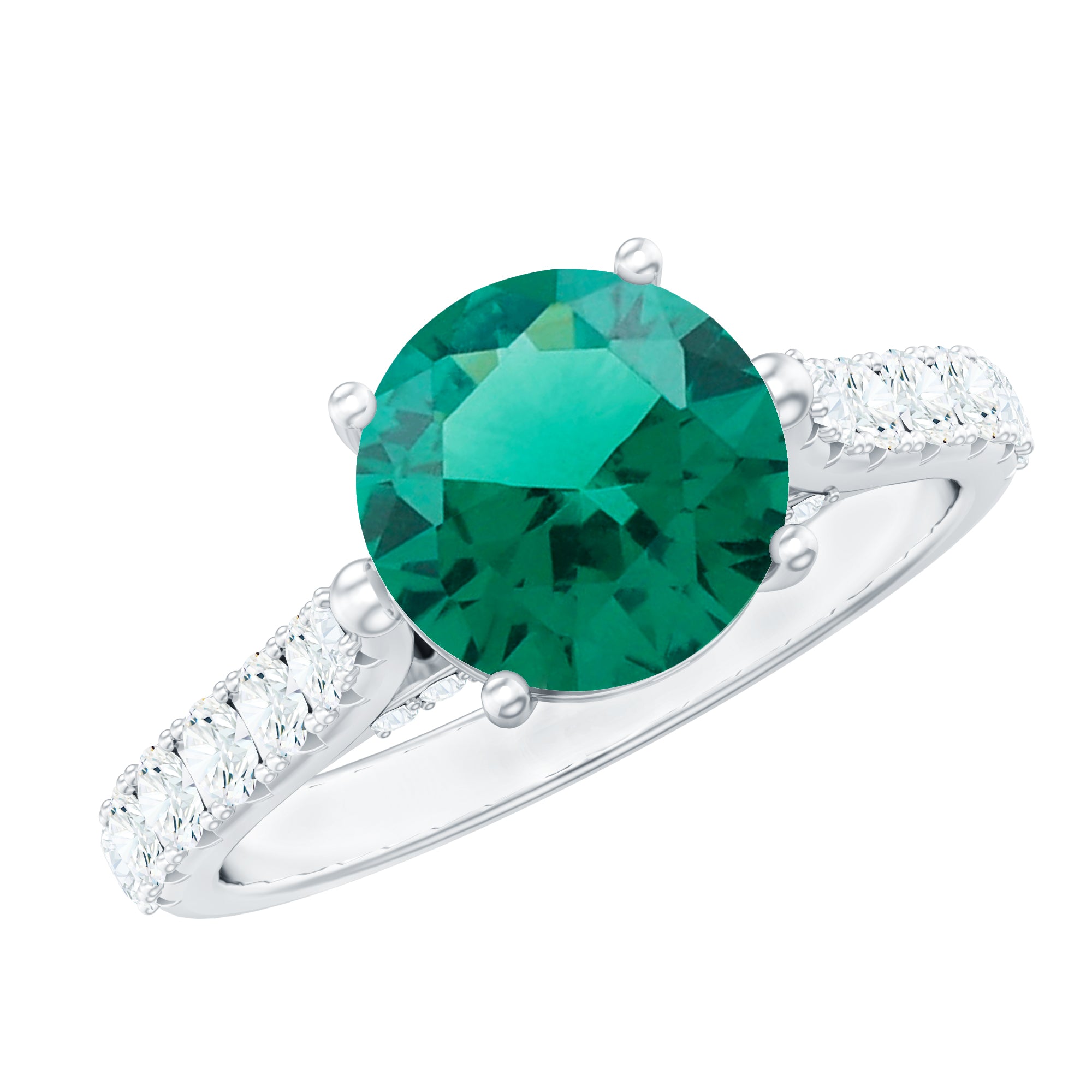 Lab Created Emerald Solitaire Engagement Ring with Diamond Side Stones