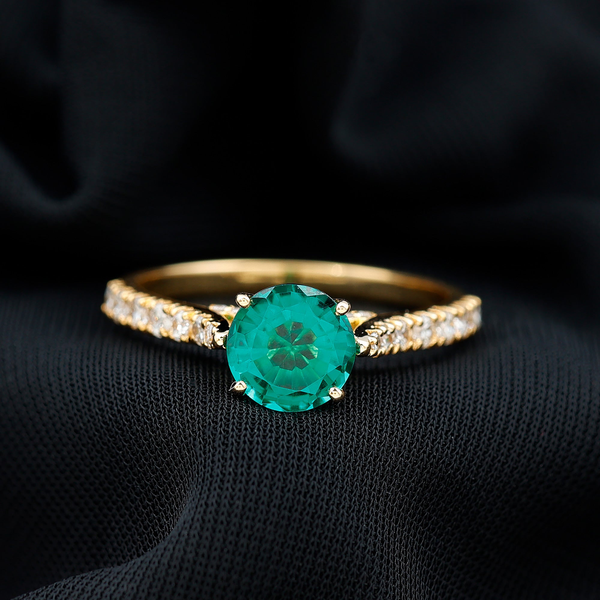 Lab Created Emerald Solitaire Engagement Ring with Diamond Side Stones AAAA - Rosec Jewels