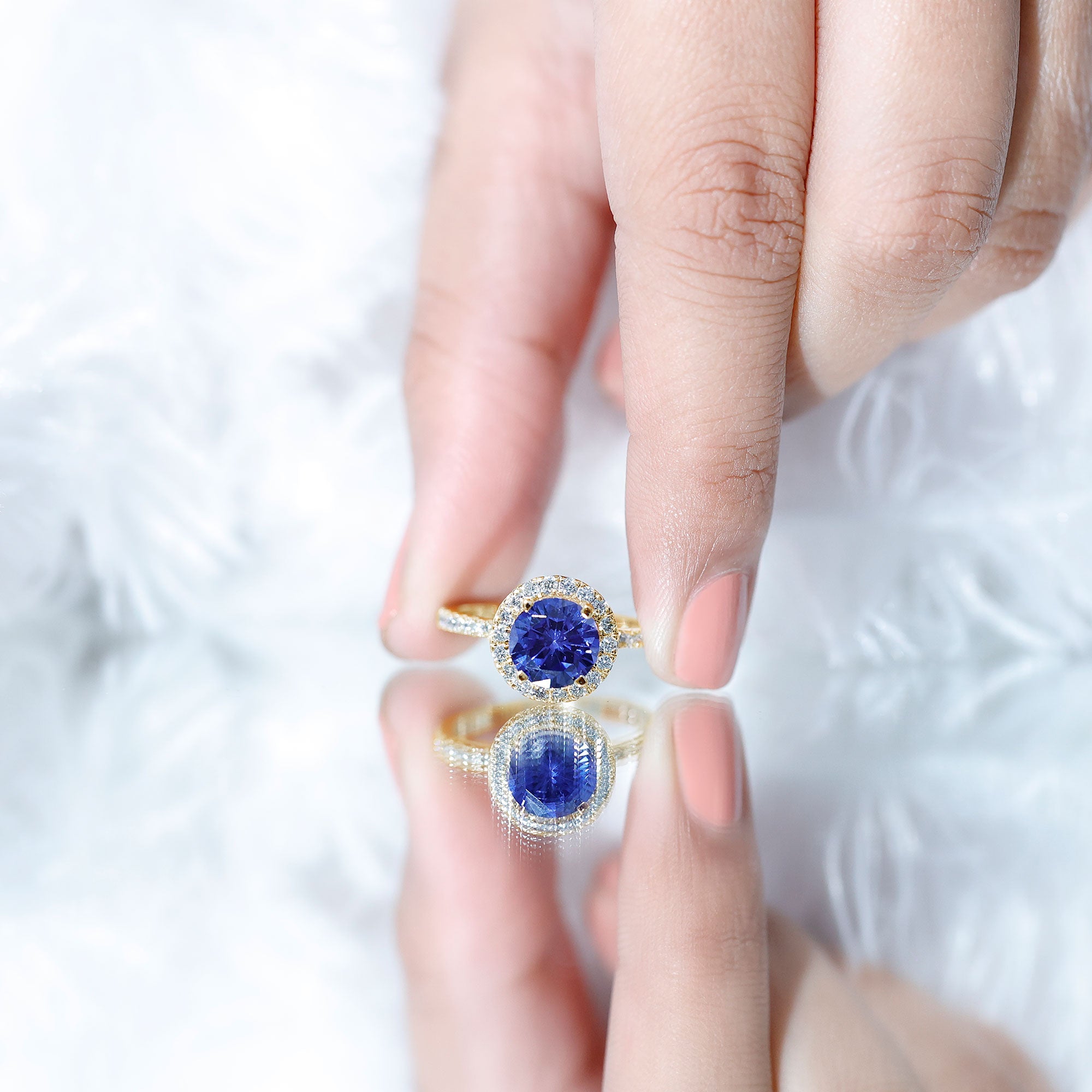 8 mm Round Lab Created Blue Sapphire Classic Engagement Ring with Diamond Halo AAAA - Rosec Jewels