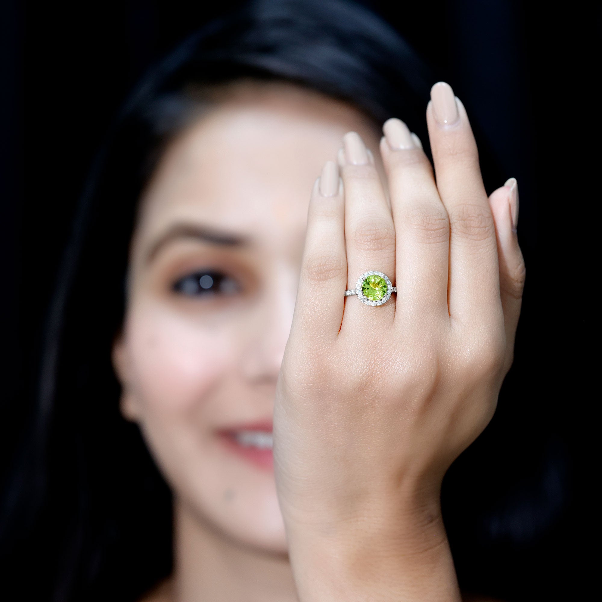 2 Carat Round Peridot Engagement Ring with Diamond Halo AAA - Rosec Jewels