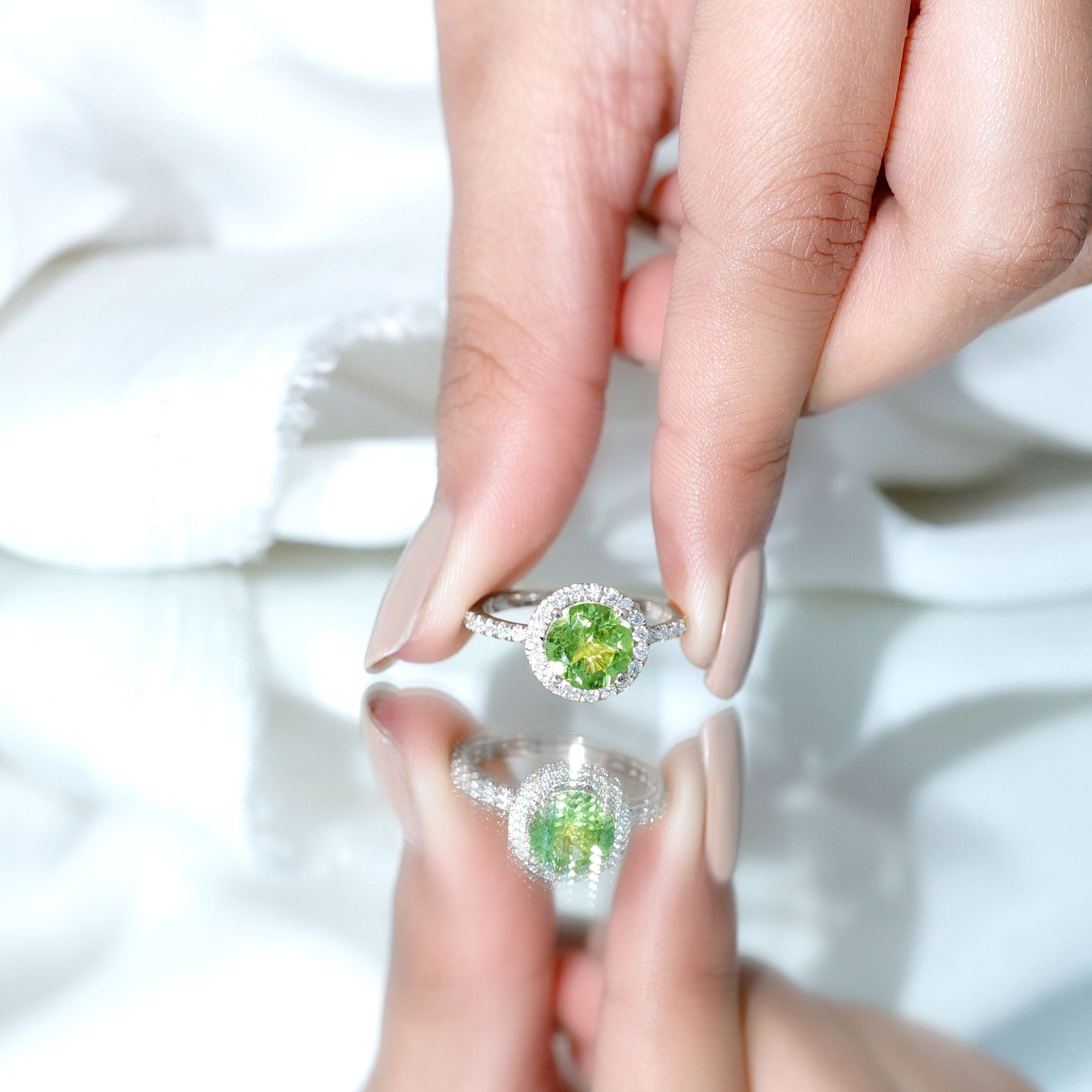 2 Carat Round Peridot Engagement Ring with Diamond Halo AAA - Rosec Jewels