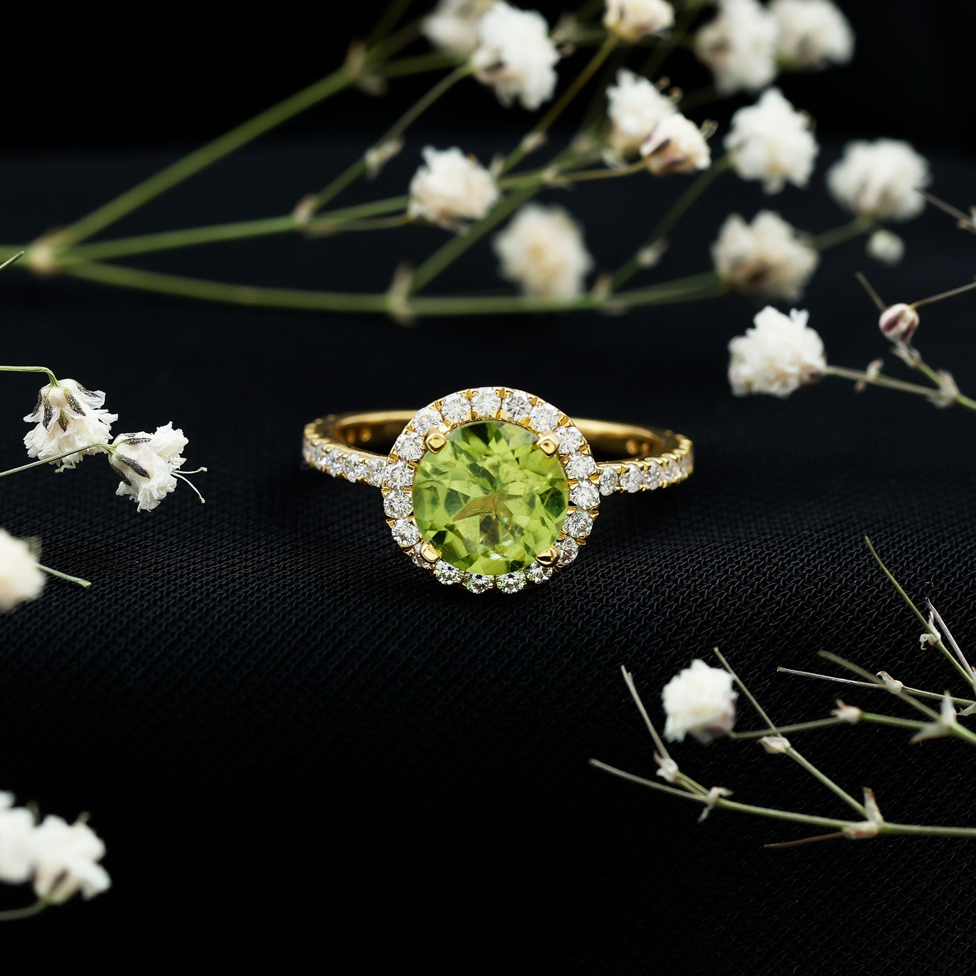 2 Carat Round Peridot Engagement Ring with Diamond Halo AAA - Rosec Jewels