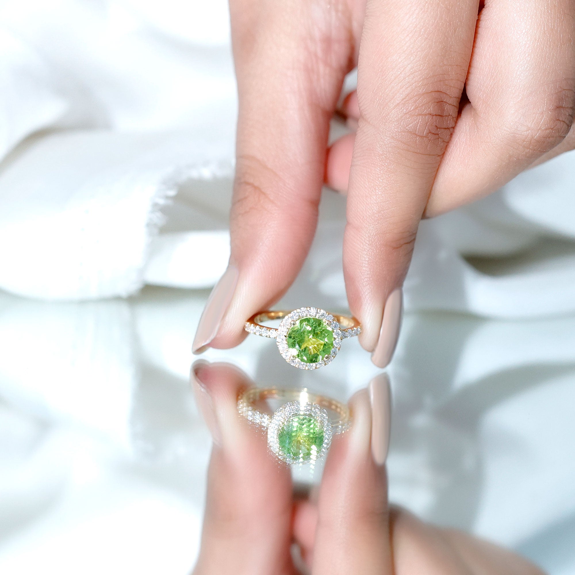 2 Carat Round Peridot Engagement Ring with Diamond Halo AAA - Rosec Jewels